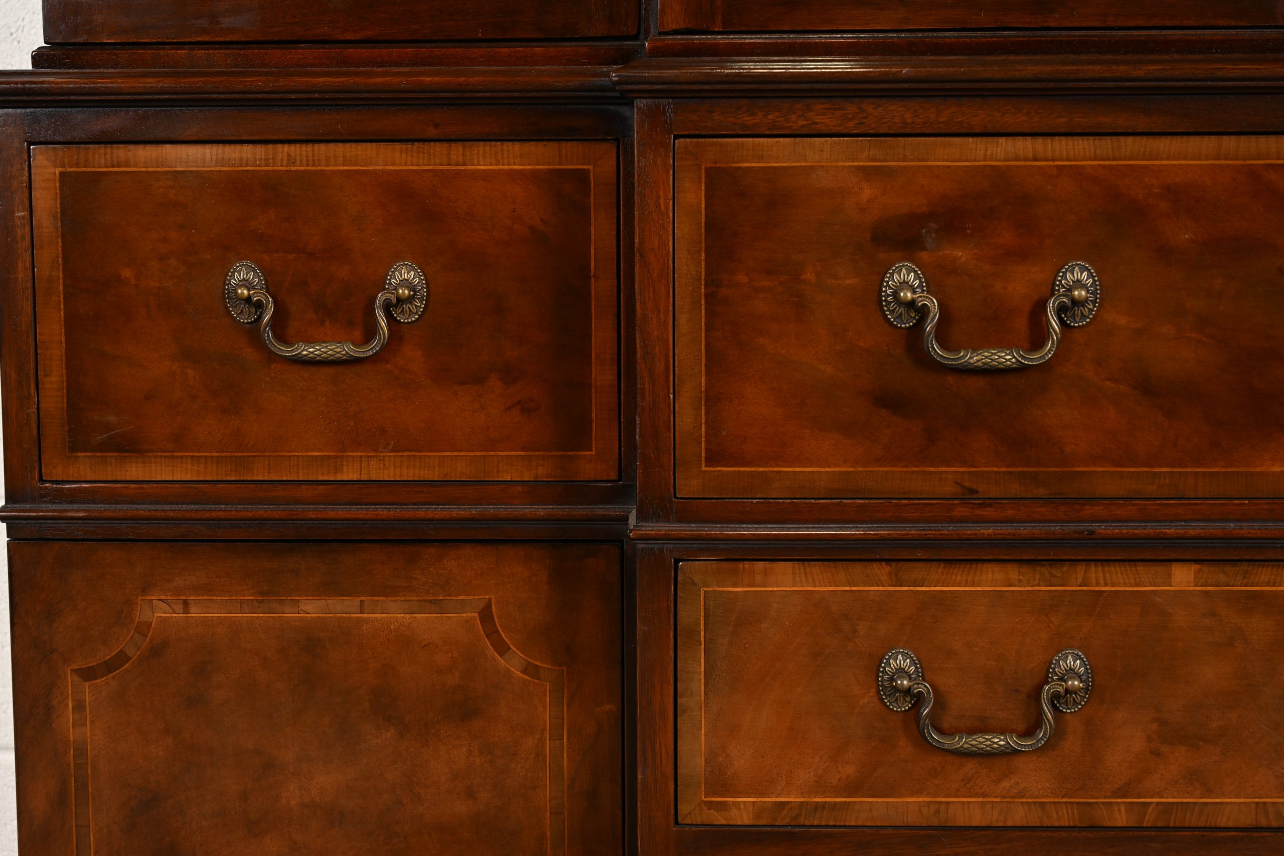 Baker Furniture Georgian Flame Mahogany Lighted Breakfront Bookcase Cabinet With Drop Front Secretary Desk, Circa 1960s - Image 11