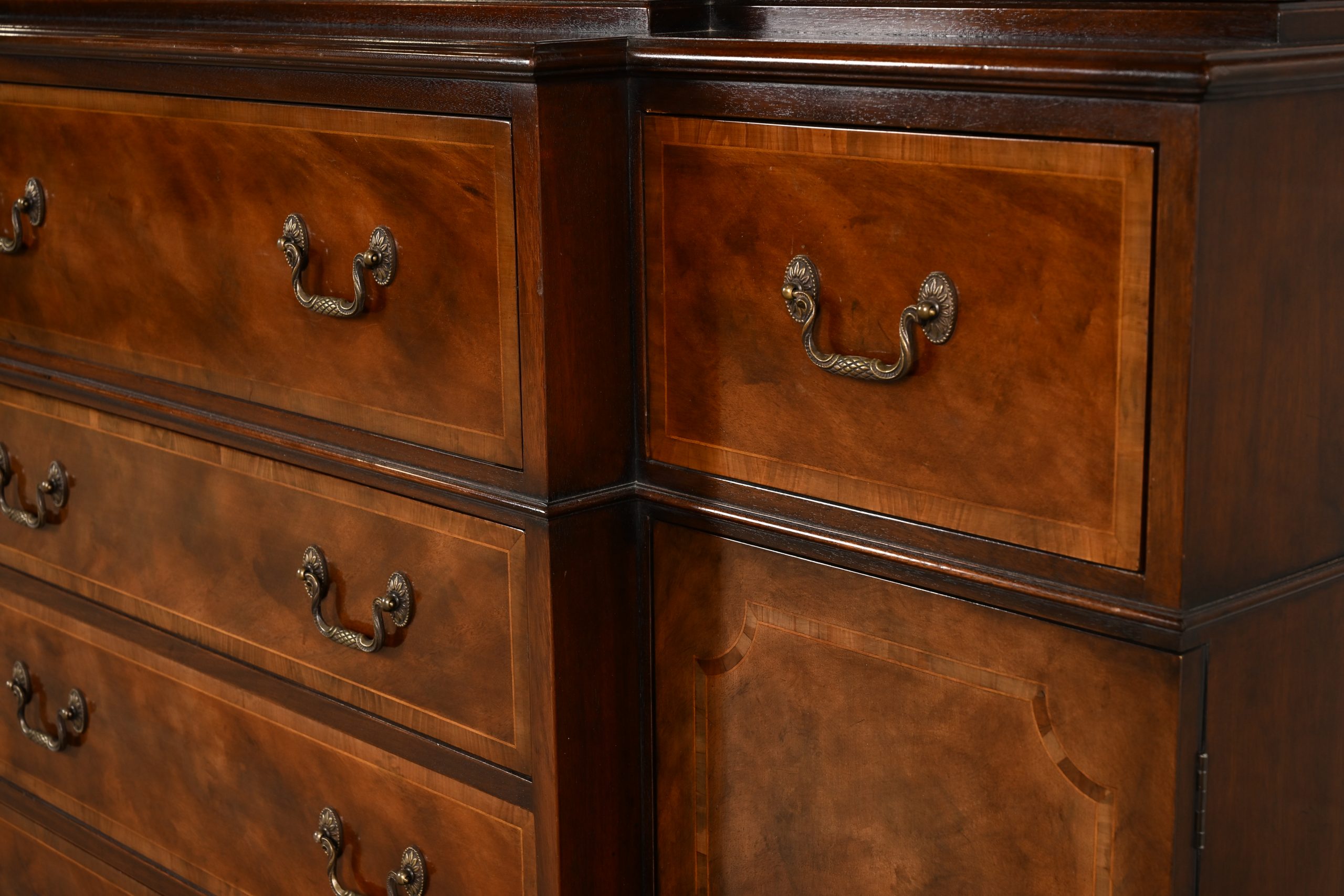 Baker Furniture Georgian Flame Mahogany Lighted Breakfront Bookcase Cabinet With Drop Front Secretary Desk, Circa 1960s - Image 12