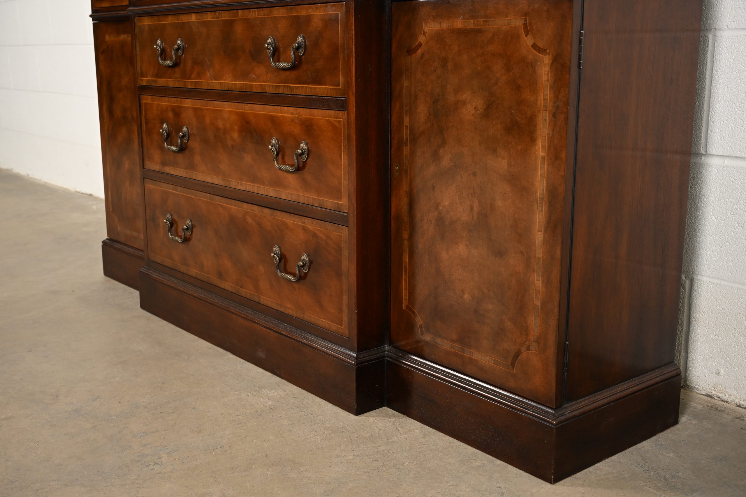 Baker Furniture Georgian Flame Mahogany Lighted Breakfront Bookcase Cabinet With Drop Front Secretary Desk, Circa 1960s - Image 13