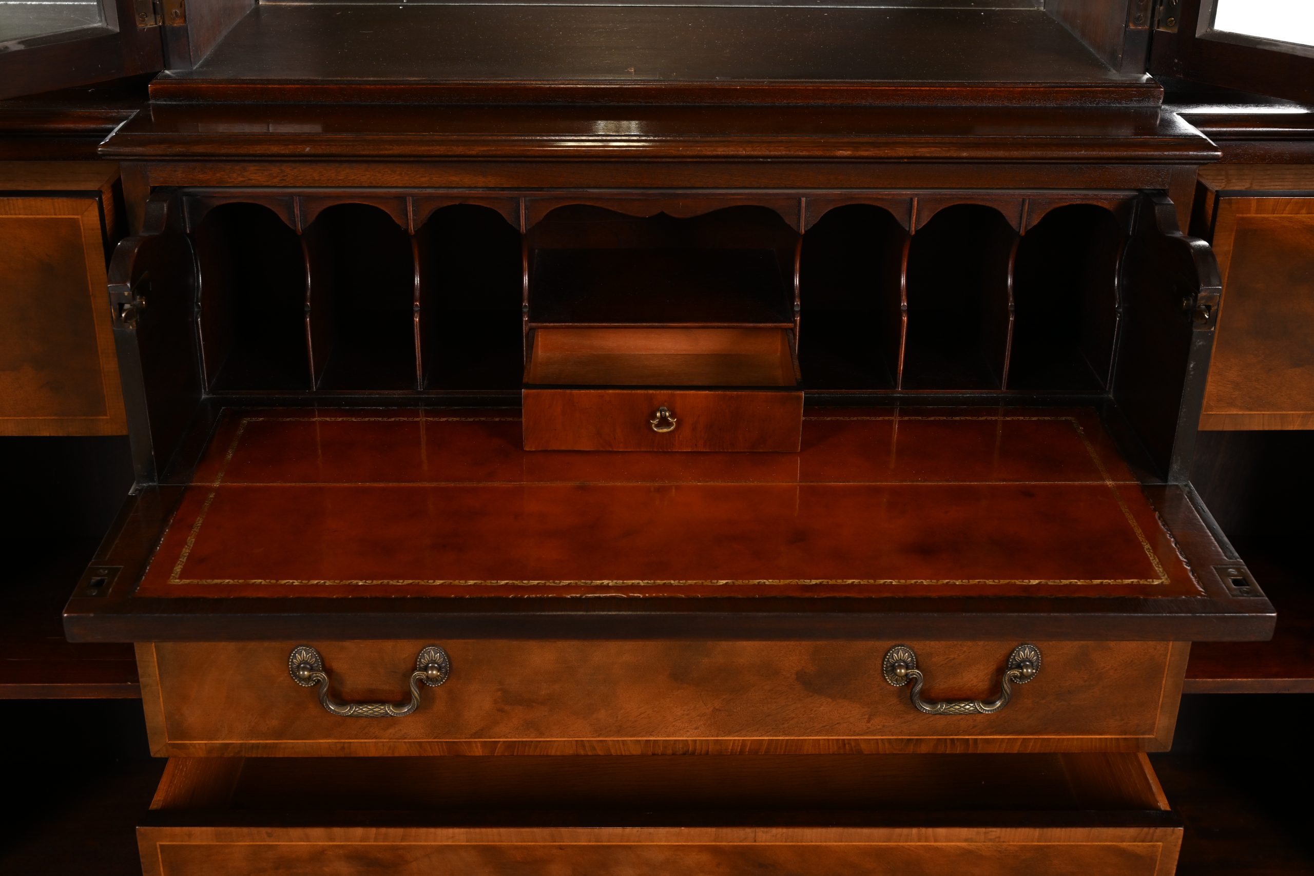 Baker Furniture Georgian Flame Mahogany Lighted Breakfront Bookcase Cabinet With Drop Front Secretary Desk, Circa 1960s - Image 6