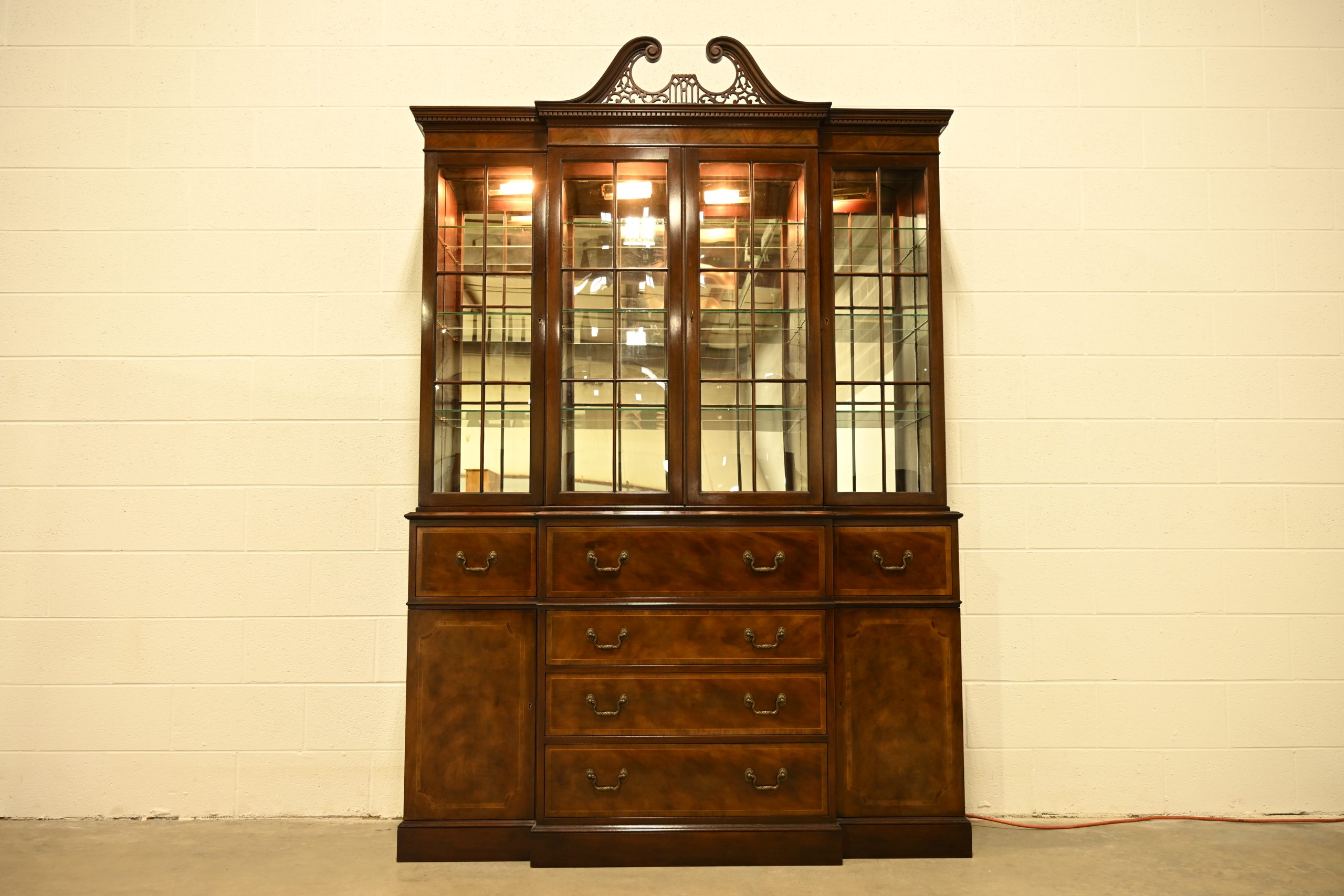 Baker Furniture Georgian Flame Mahogany Lighted Breakfront Bookcase Cabinet With Drop Front Secretary Desk, Circa 1960s - Image 14
