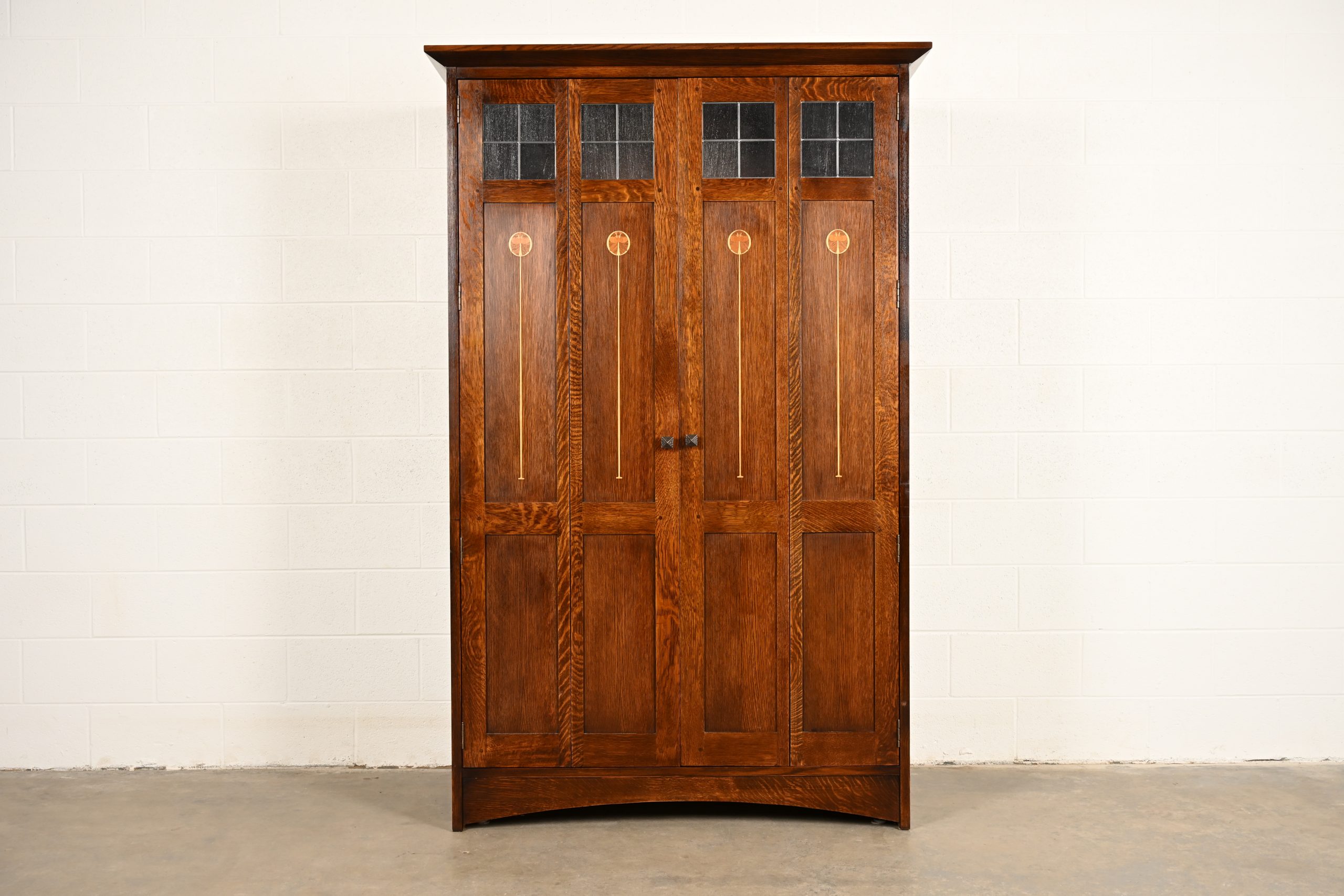 Stickley Harvey Ellis Collection Mission Arts & Crafts Inlaid Oak and Leaded Glass Armoire or Media Cabinet