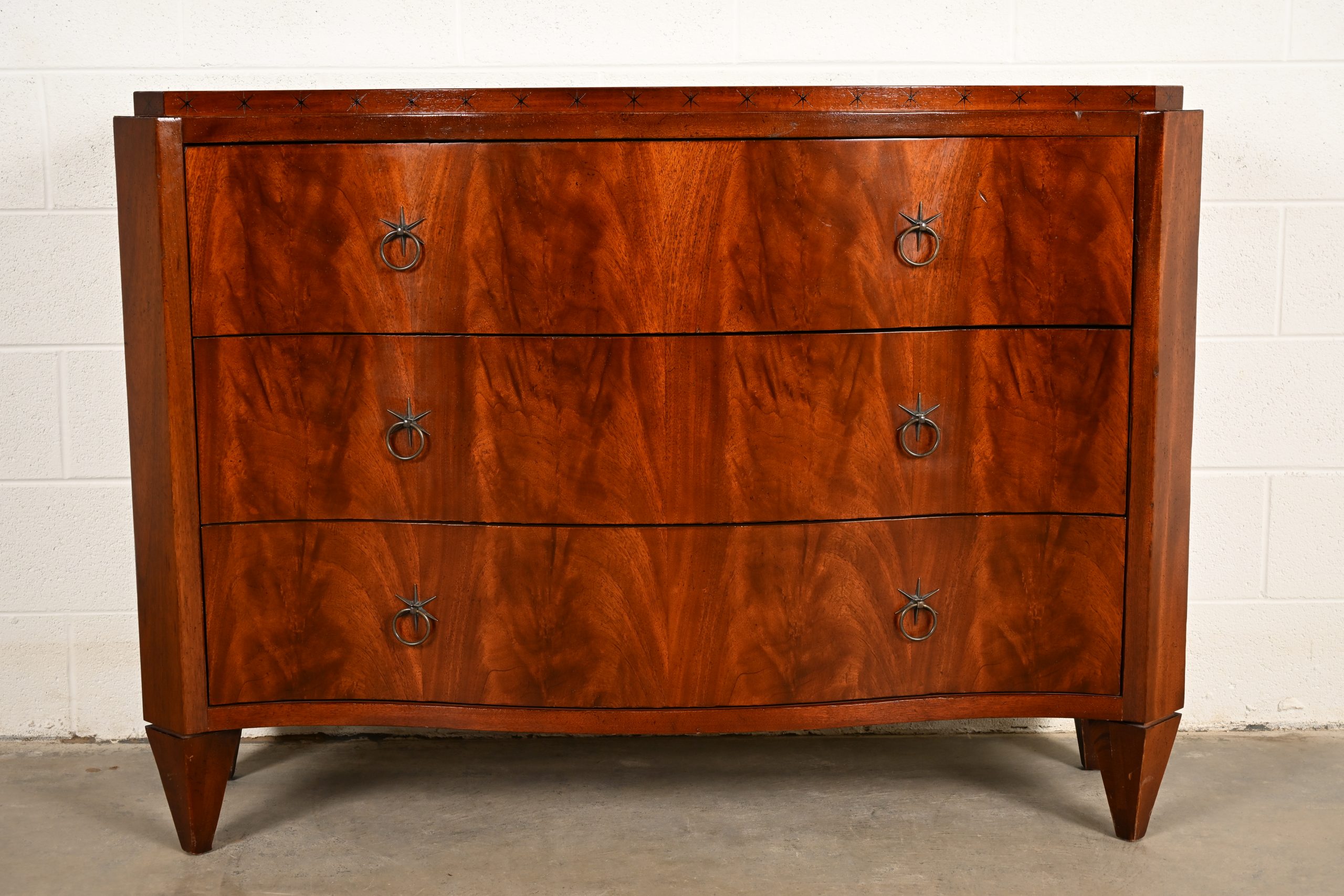 Baker Furniture French Regency Flame Mahogany Serpentine Front Chest of Drawers