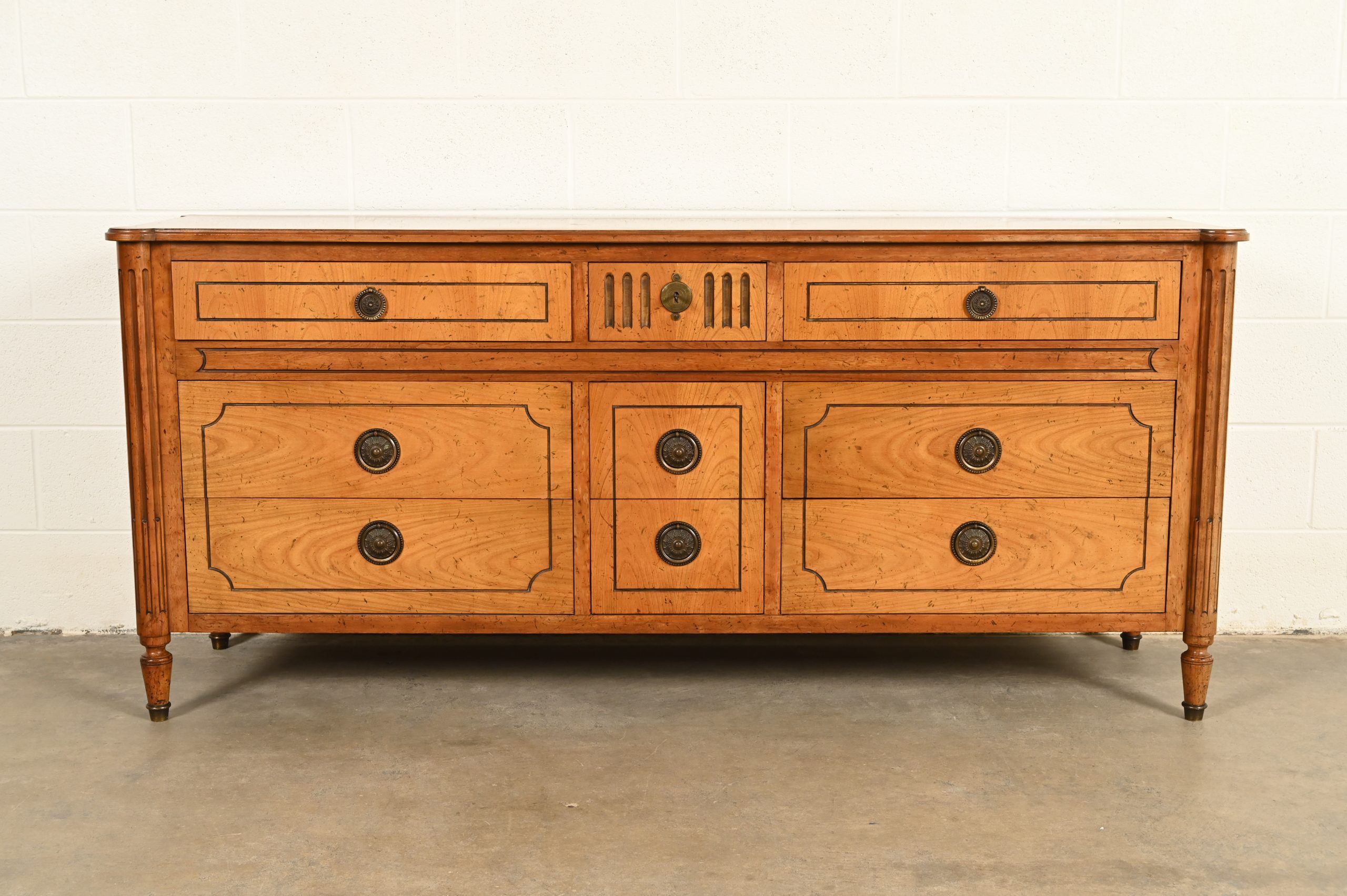 Baker Furniture French Regency Louis XVI Carved Walnut Triple Dresser or Credenza, Circa 1960s