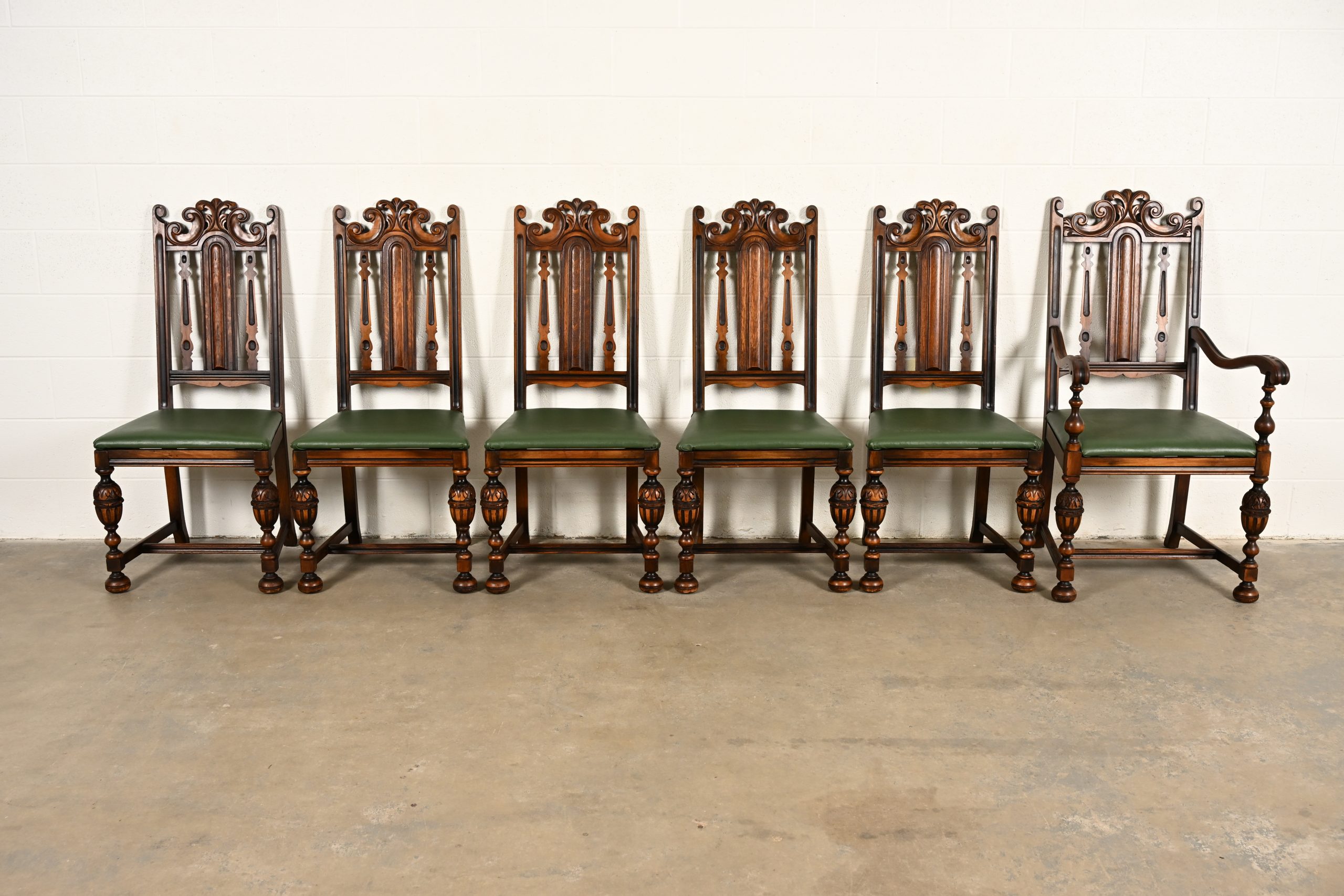 Berkey & Gay Antique English Jacobean Carved Walnut Dining Chairs, Set of Six - Image 2