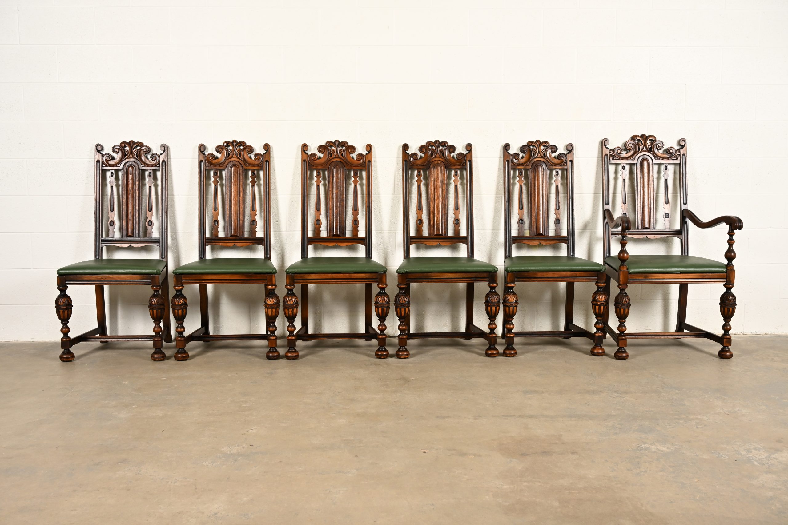 Berkey & Gay Antique English Jacobean Carved Walnut Dining Chairs, Set of Six - Image 3