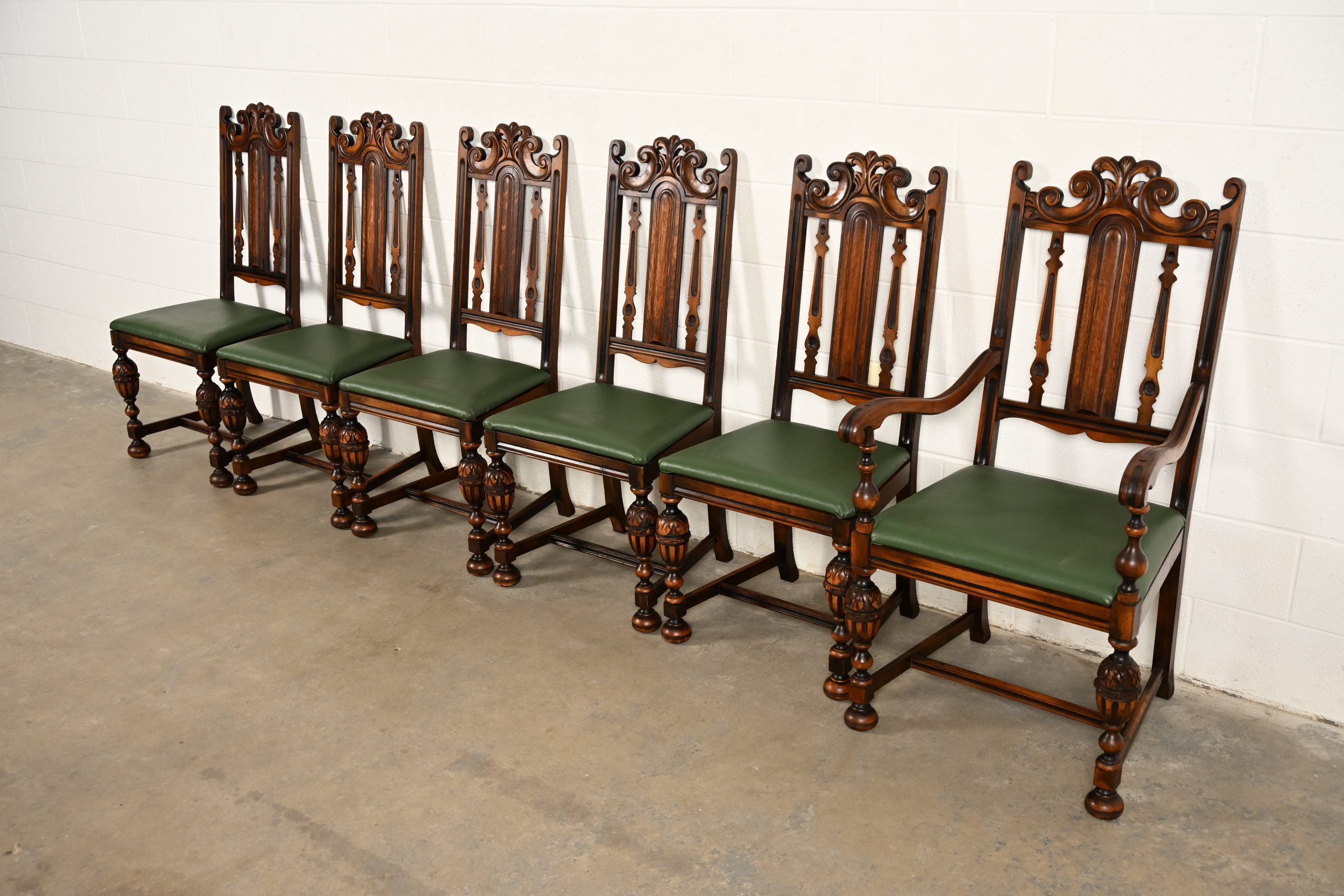 Berkey & Gay Antique English Jacobean Carved Walnut Dining Chairs, Set of Six
