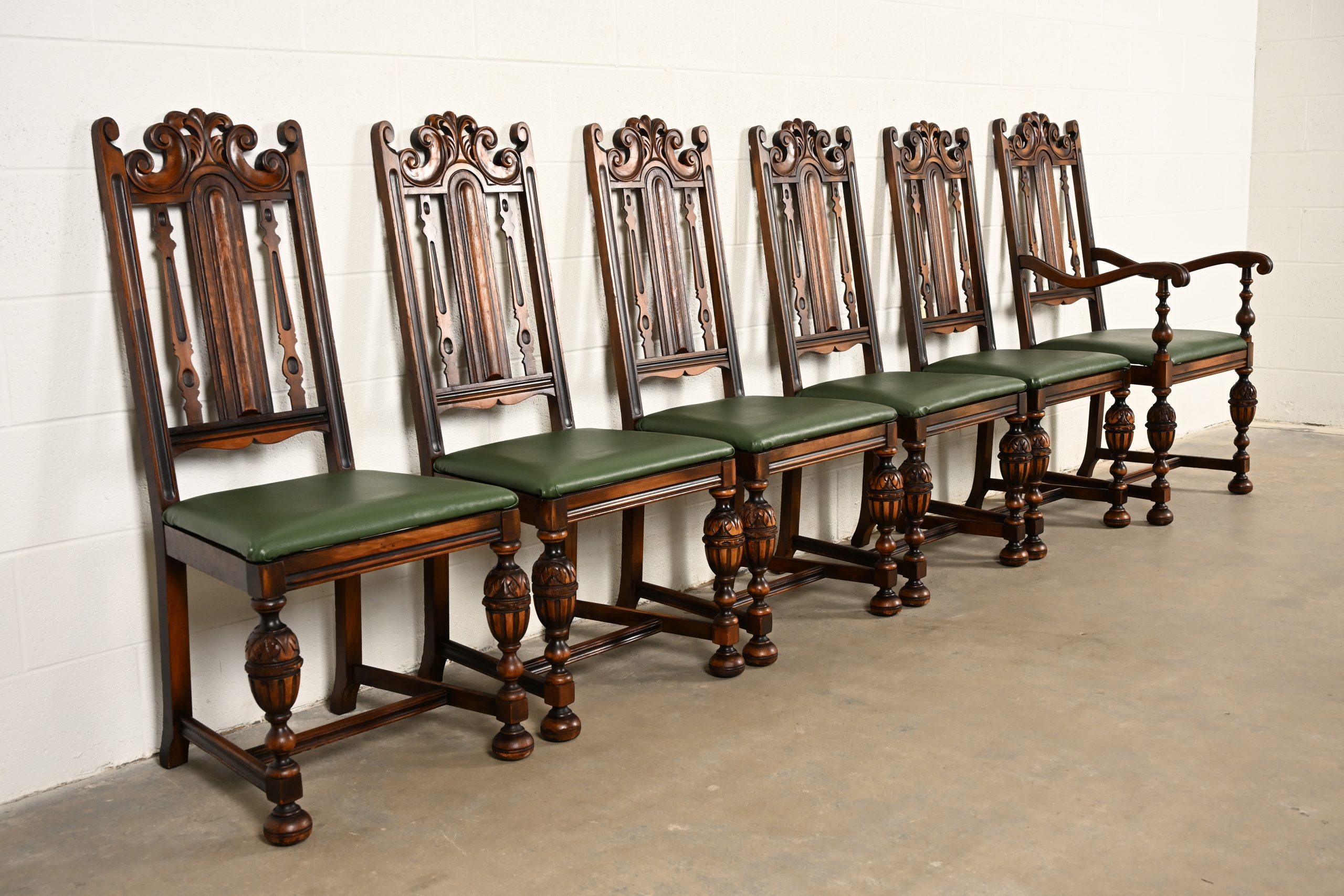 Berkey & Gay Antique English Jacobean Carved Walnut Dining Chairs, Set of Six - Image 4
