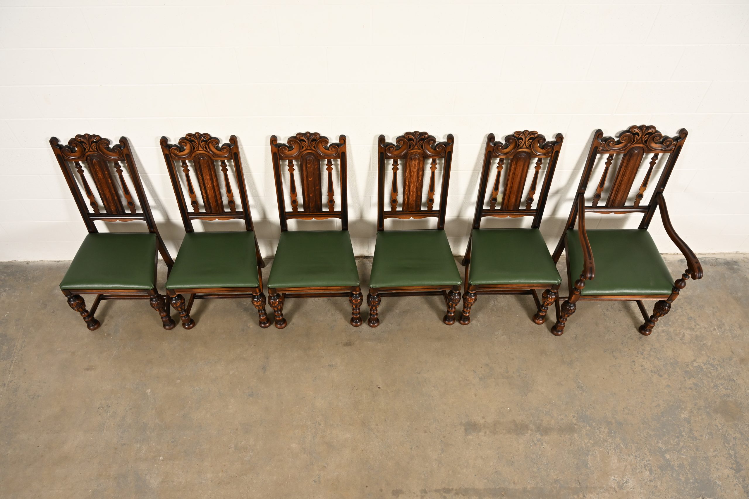 Berkey & Gay Antique English Jacobean Carved Walnut Dining Chairs, Set of Six - Image 5