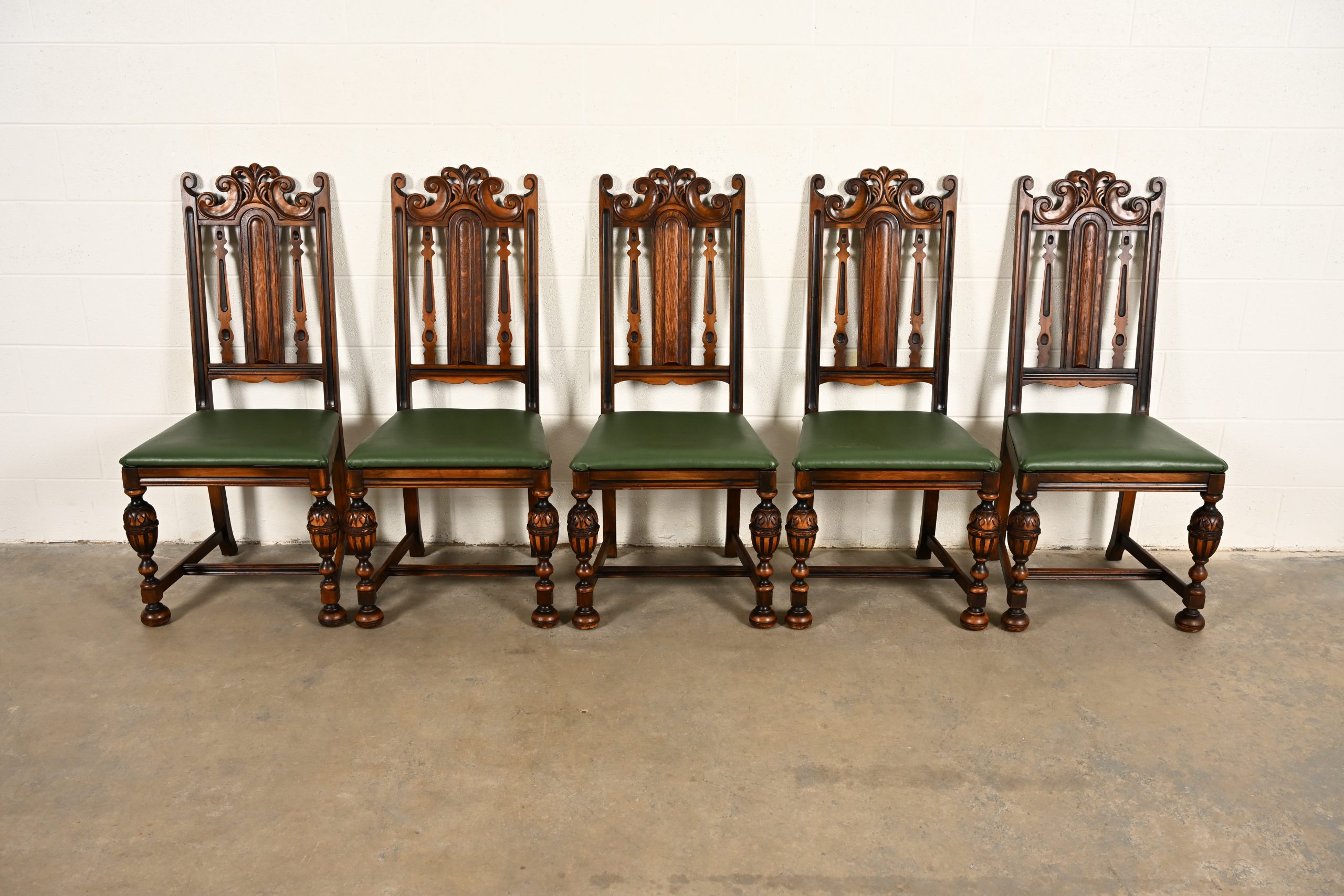 Berkey & Gay Antique English Jacobean Carved Walnut Dining Chairs, Set of Five - Image 3