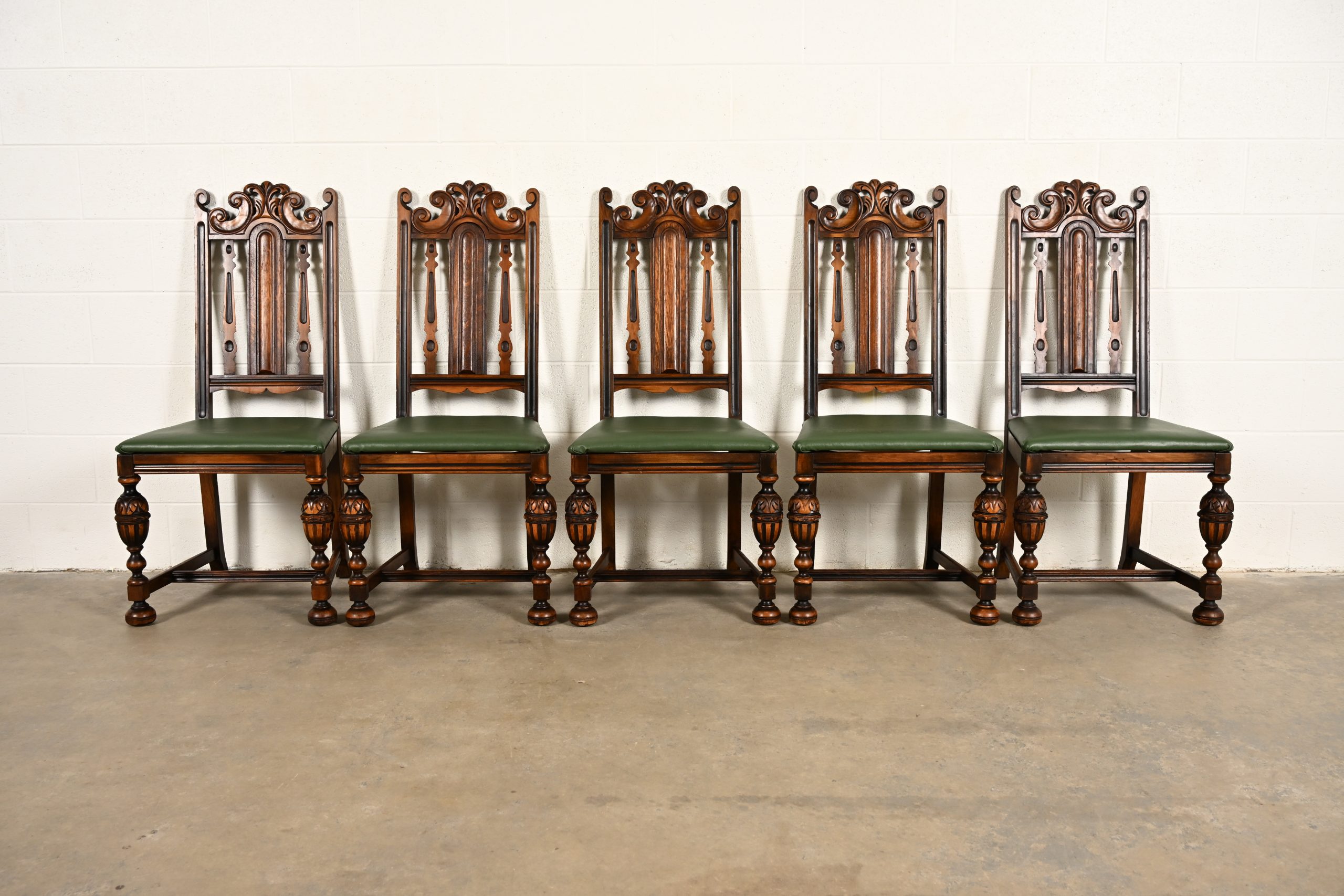 Berkey & Gay Antique English Jacobean Carved Walnut Dining Chairs, Set of Five - Image 2