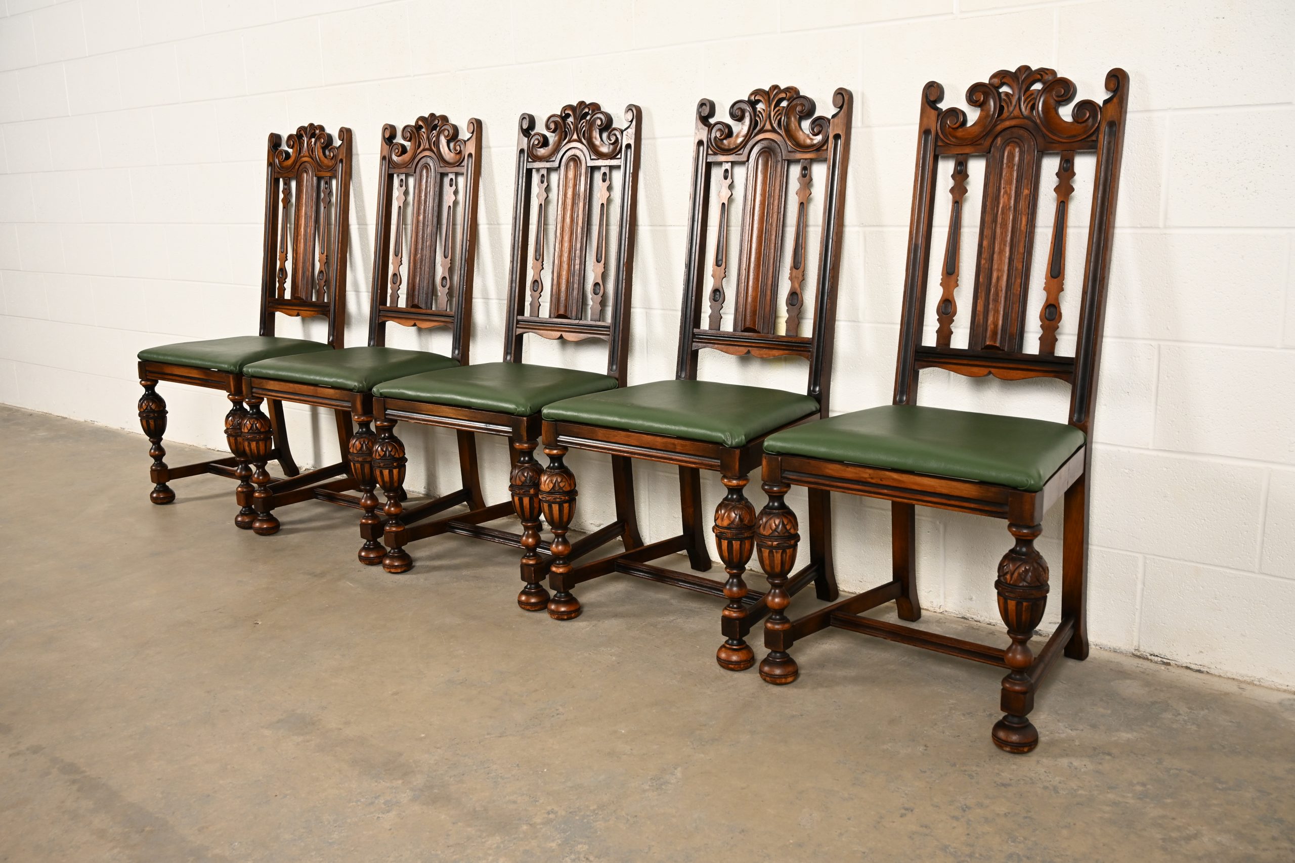 Berkey & Gay Antique English Jacobean Carved Walnut Dining Chairs, Set of Five - Image 4
