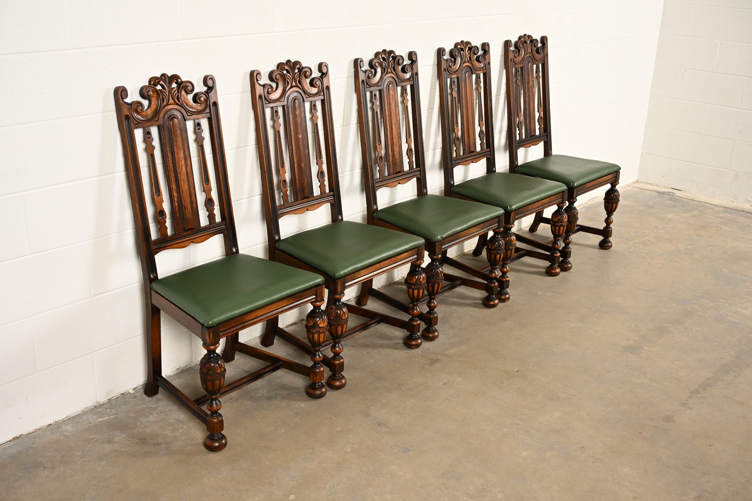 Berkey & Gay Antique English Jacobean Carved Walnut Dining Chairs, Set of Five
