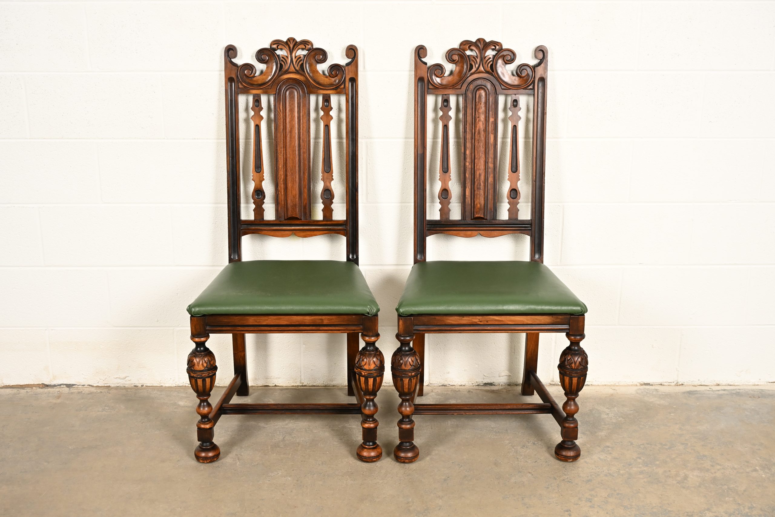 Berkey & Gay Antique English Jacobean Carved Walnut Side Chairs or Dining Chairs, Pair - Image 2