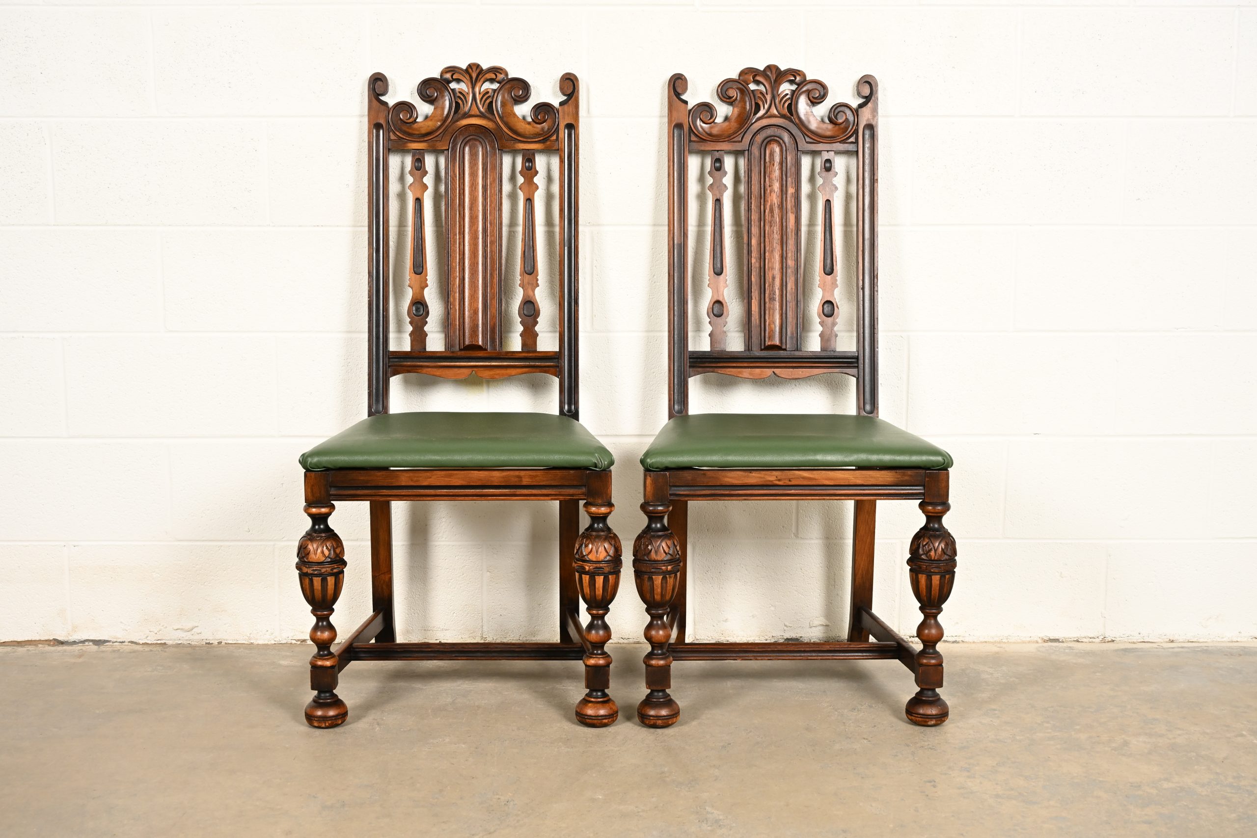 Berkey & Gay Antique English Jacobean Carved Walnut Side Chairs or Dining Chairs, Pair