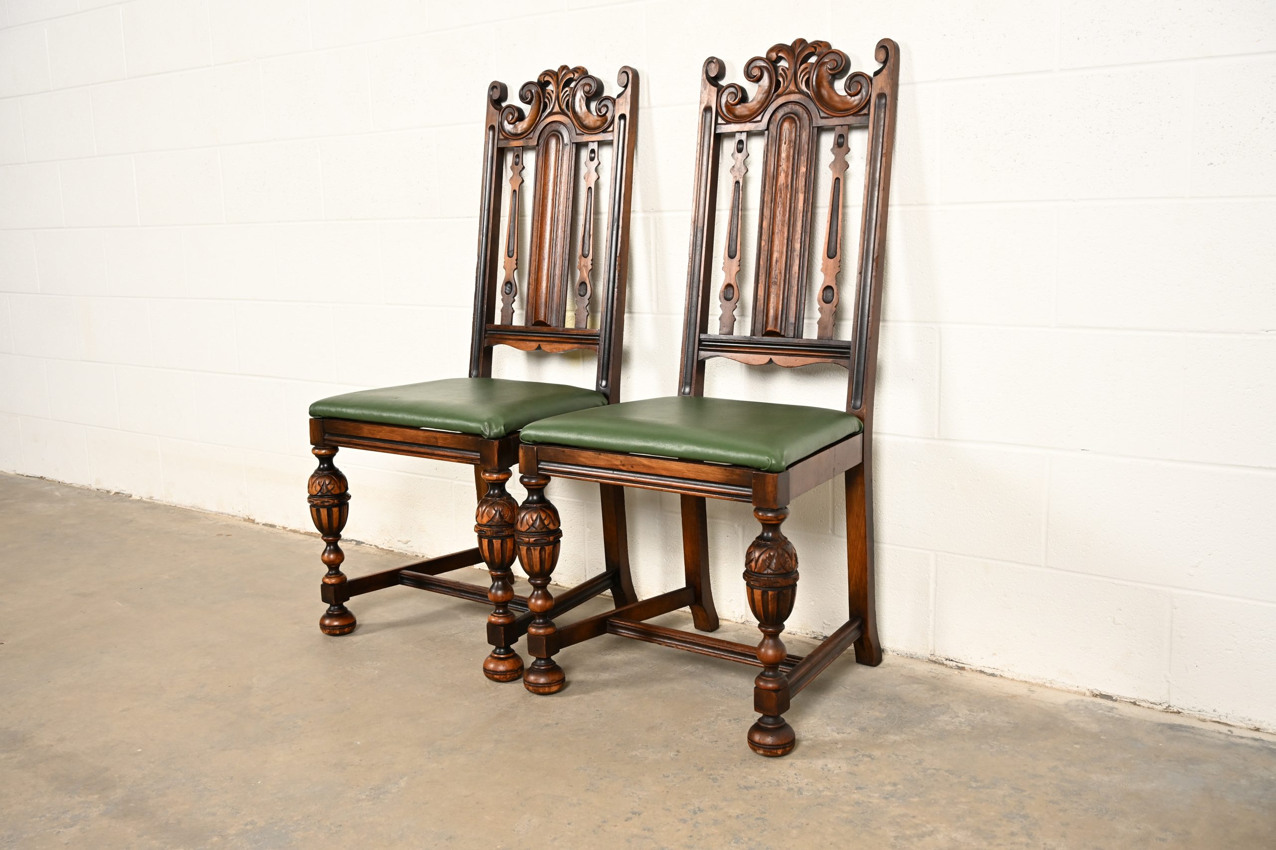 Berkey & Gay Antique English Jacobean Carved Walnut Side Chairs or Dining Chairs, Pair - Image 3
