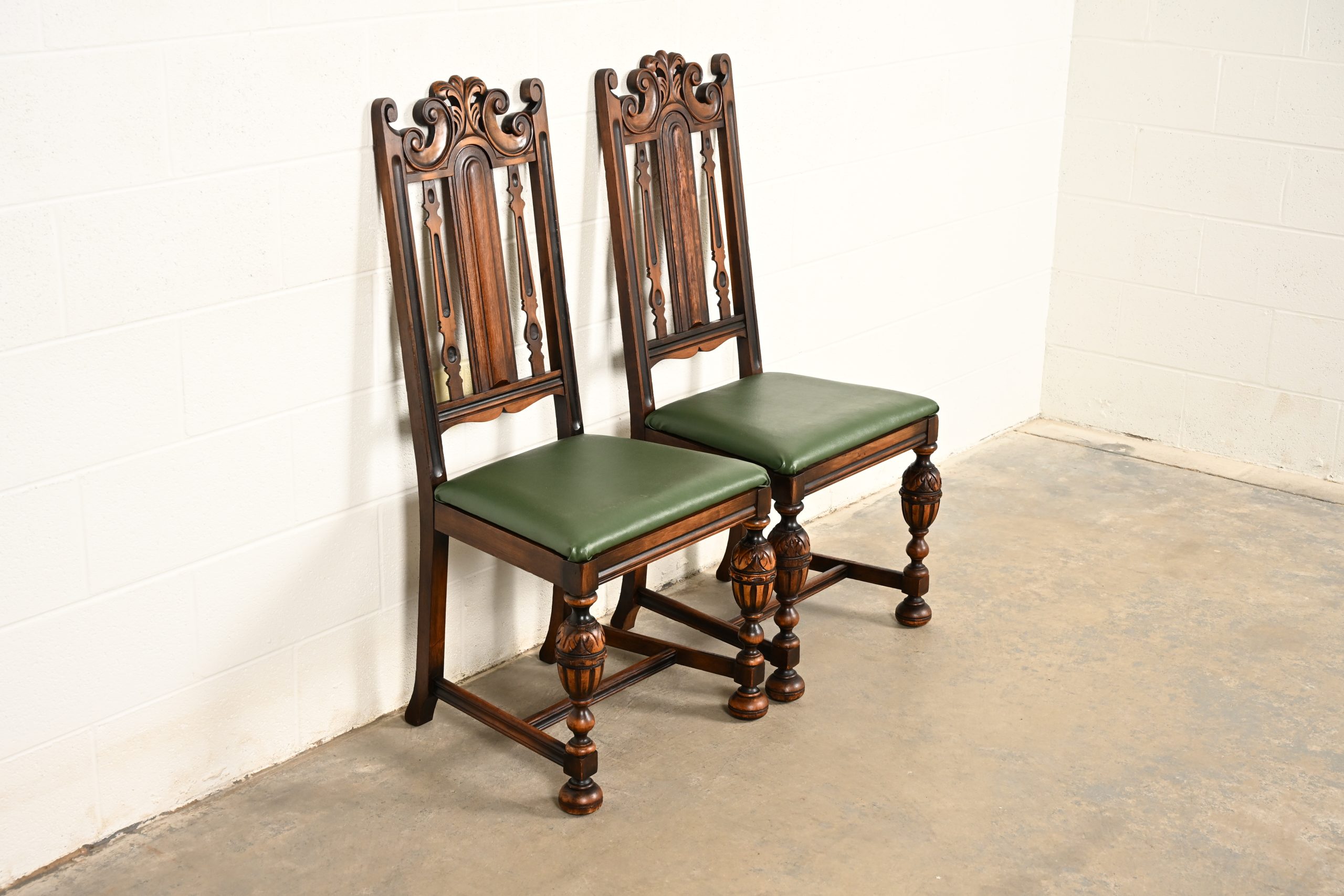 Berkey & Gay Antique English Jacobean Carved Walnut Side Chairs or Dining Chairs, Pair - Image 4