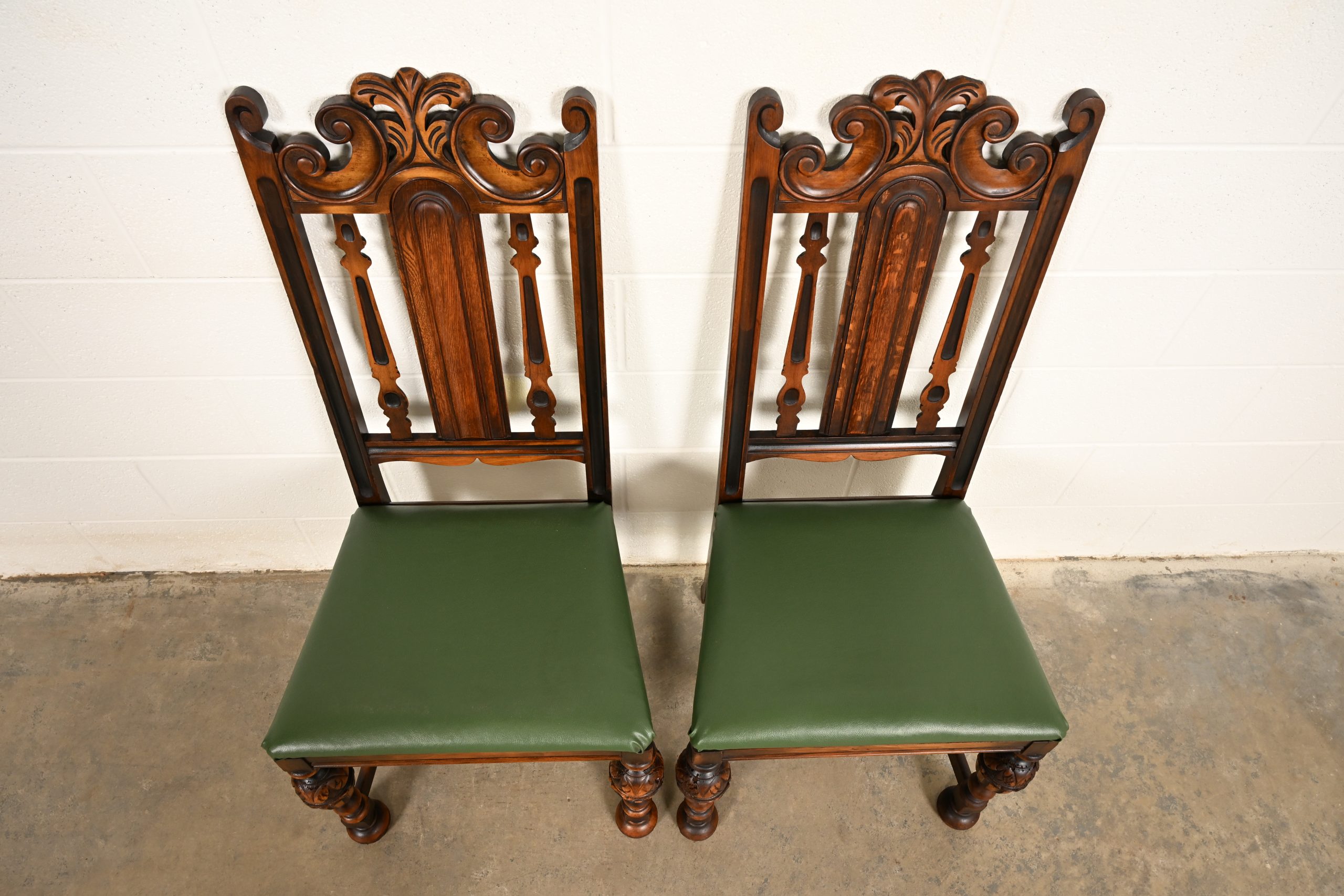 Berkey & Gay Antique English Jacobean Carved Walnut Side Chairs or Dining Chairs, Pair - Image 5