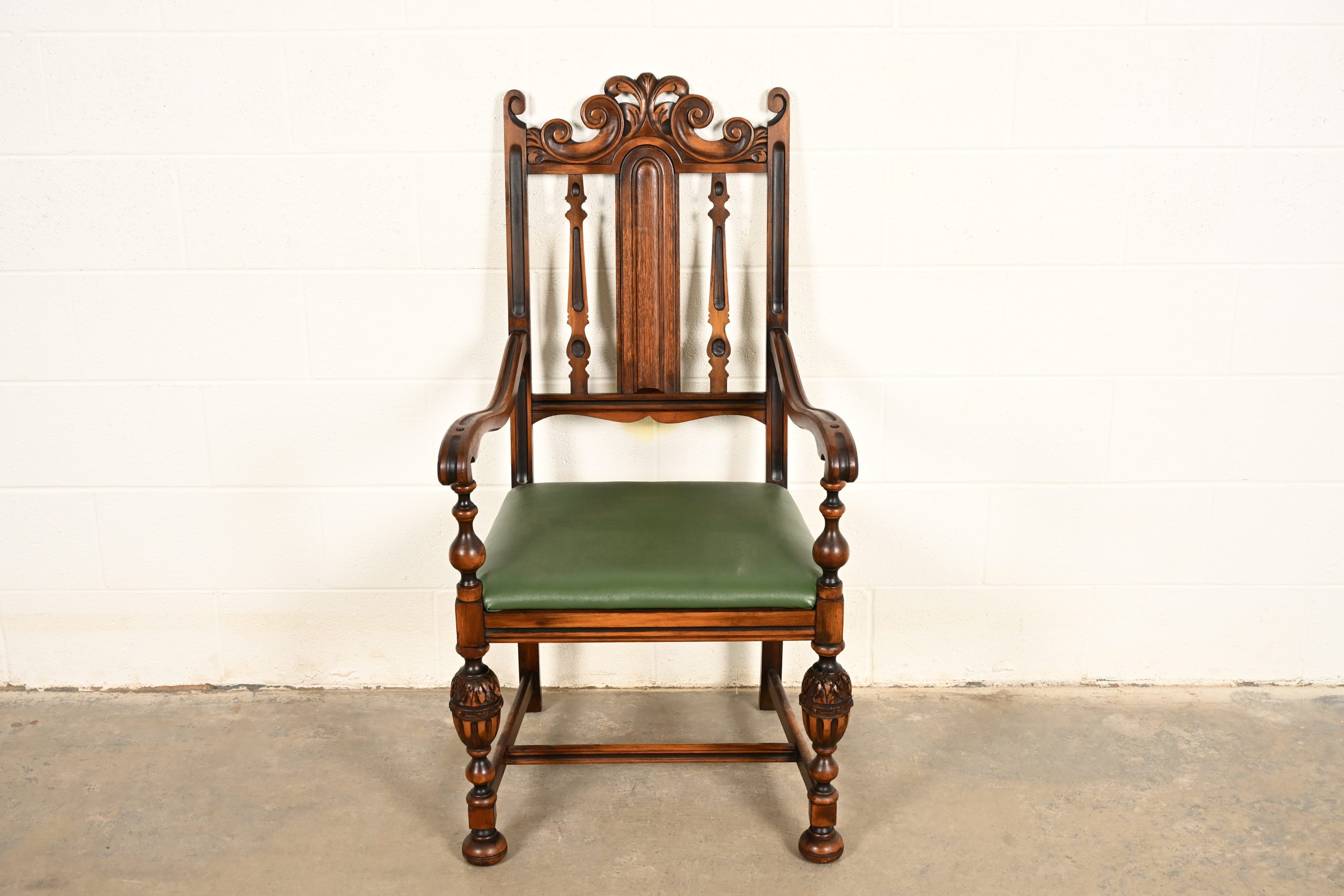 Berkey & Gay Antique English Jacobean Carved Walnut Armchair, Circa 1920s - Image 2
