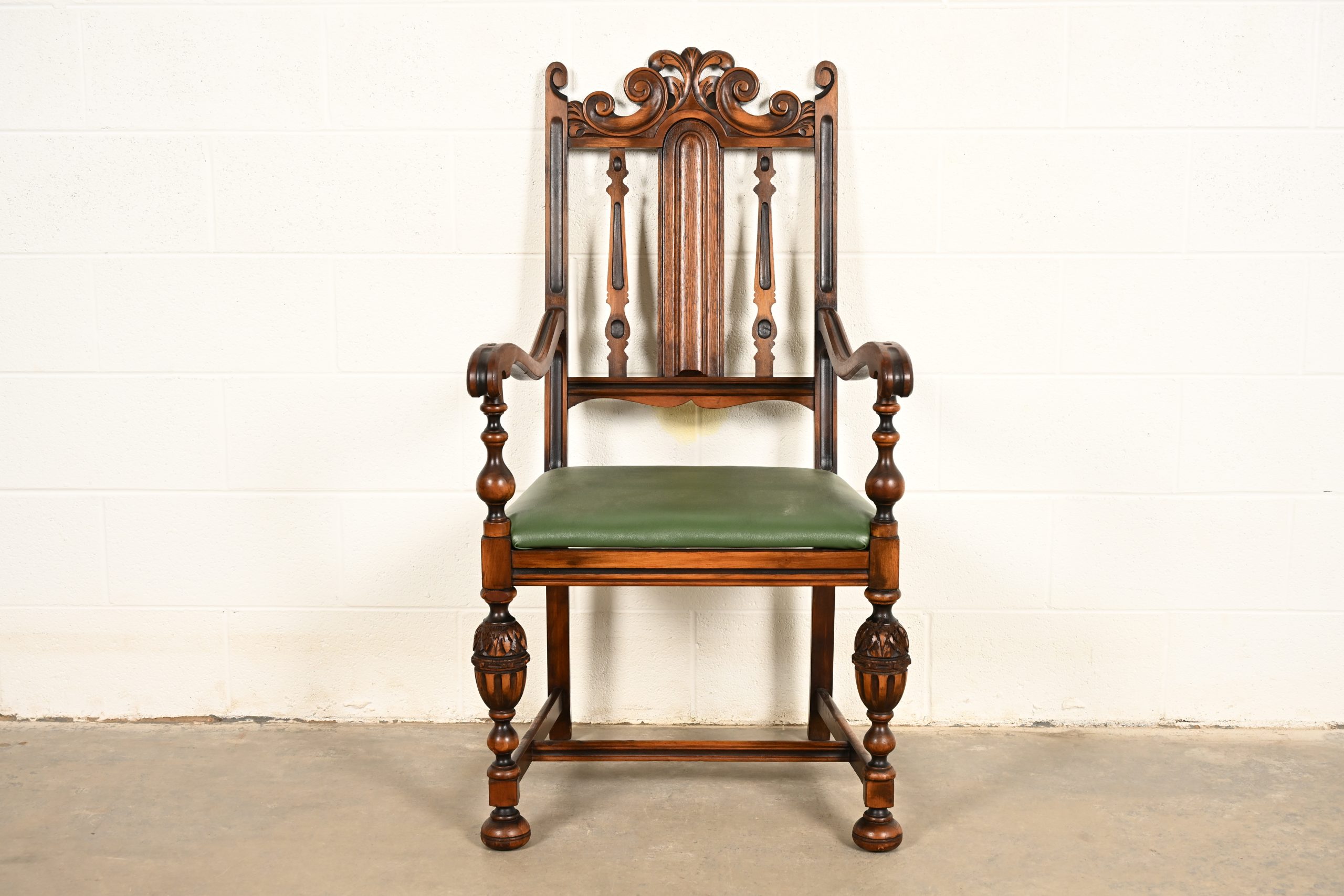 Berkey & Gay Antique English Jacobean Carved Walnut Armchair, Circa 1920s