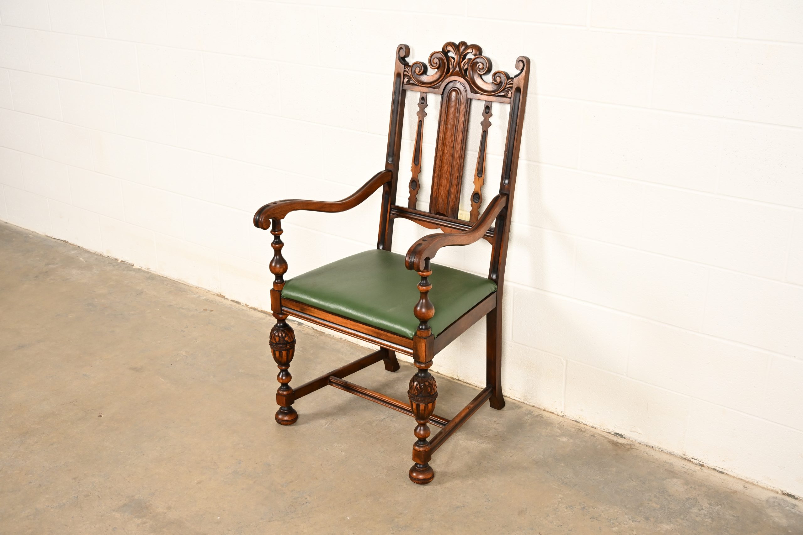 Berkey & Gay Antique English Jacobean Carved Walnut Armchair, Circa 1920s - Image 4