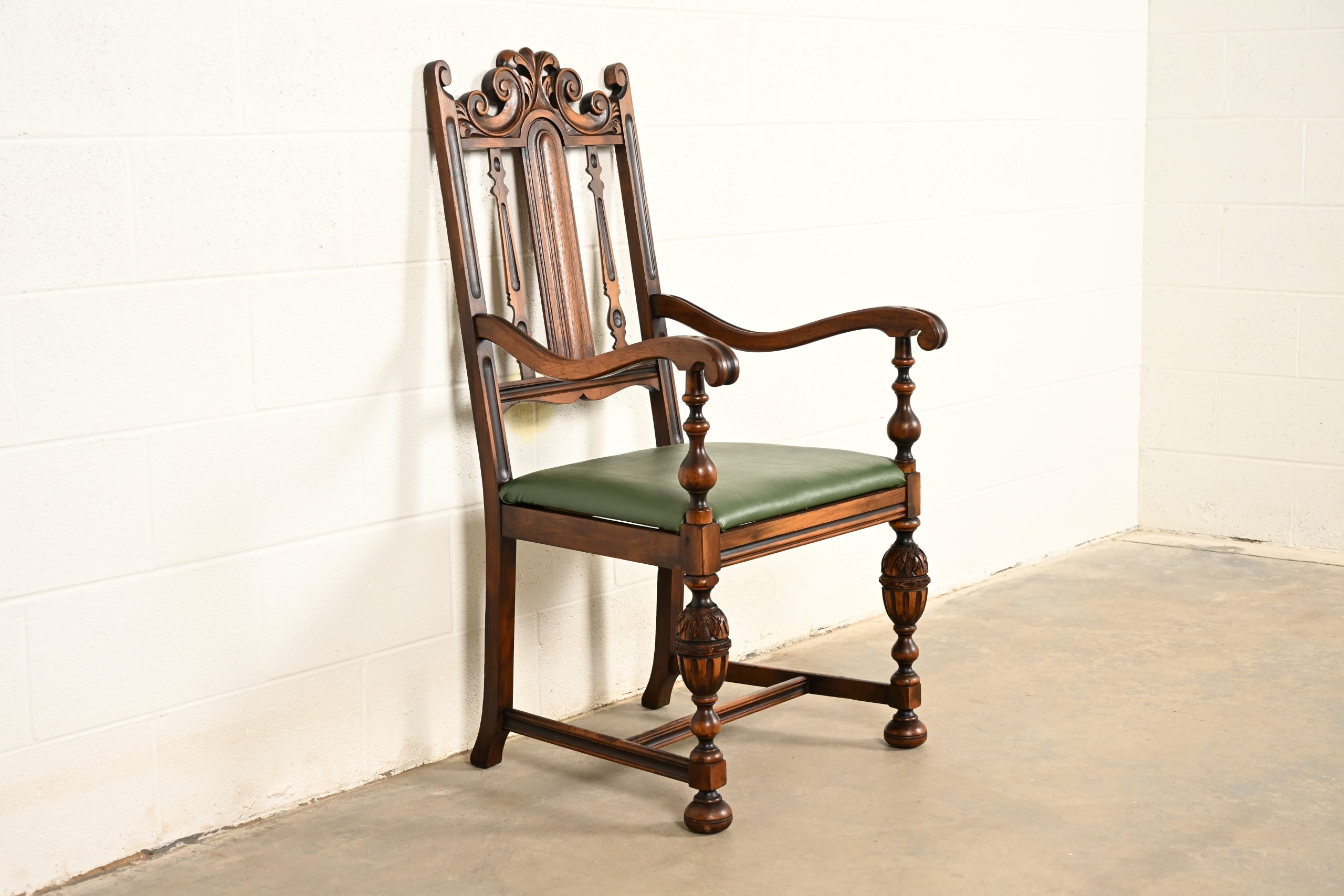 Berkey & Gay Antique English Jacobean Carved Walnut Armchair, Circa 1920s - Image 3