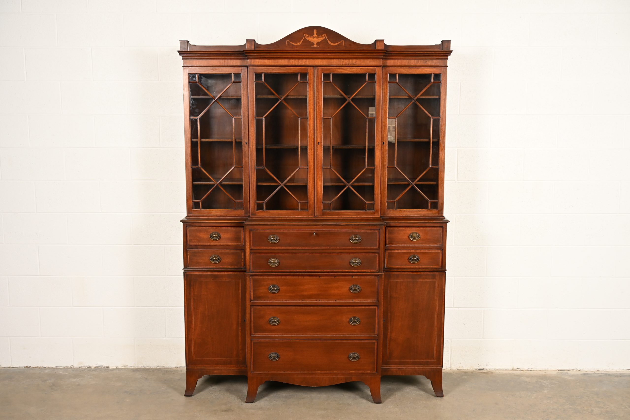 Baker Furniture Style Federal Carved Mahogany Breakfront Bookcase Cabinet With Secretary Desk, Circa 1940s - Image 2