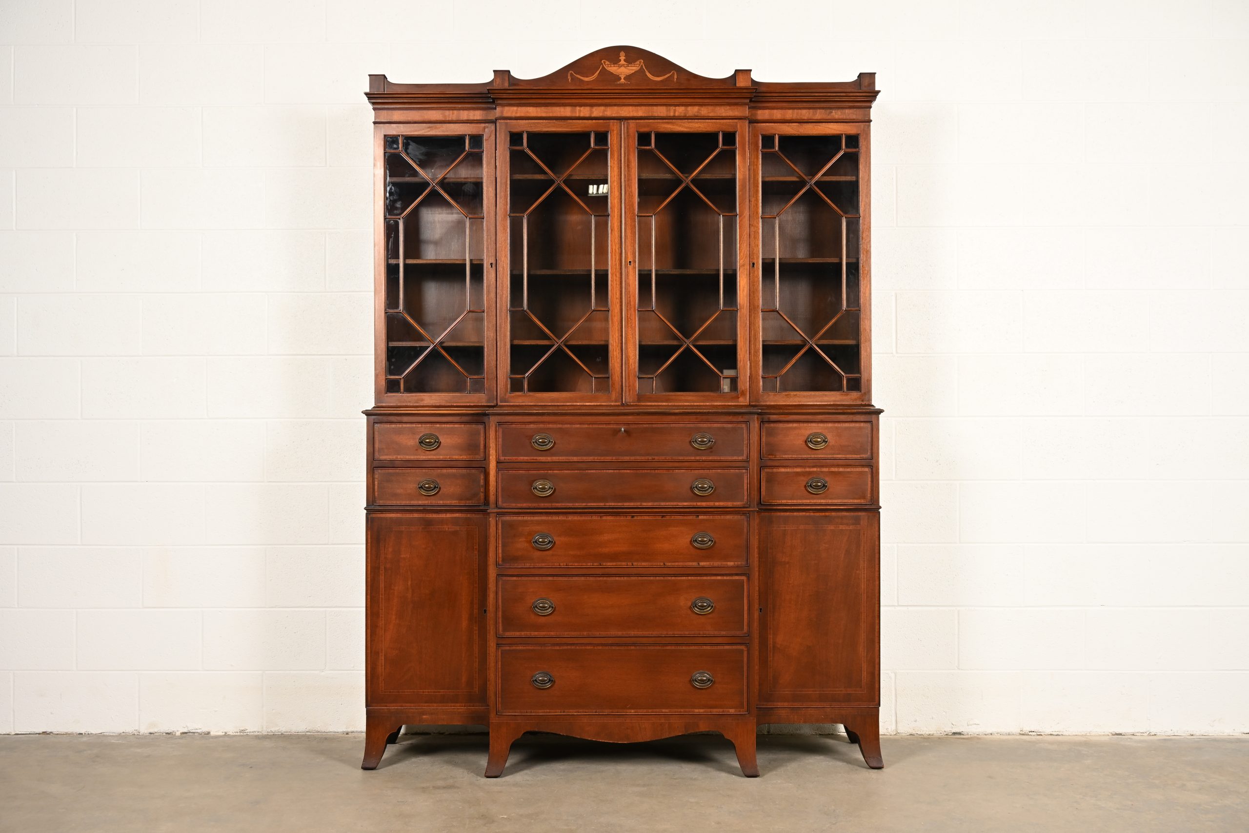 Baker Furniture Style Federal Carved Mahogany Breakfront Bookcase Cabinet With Secretary Desk, Circa 1940s