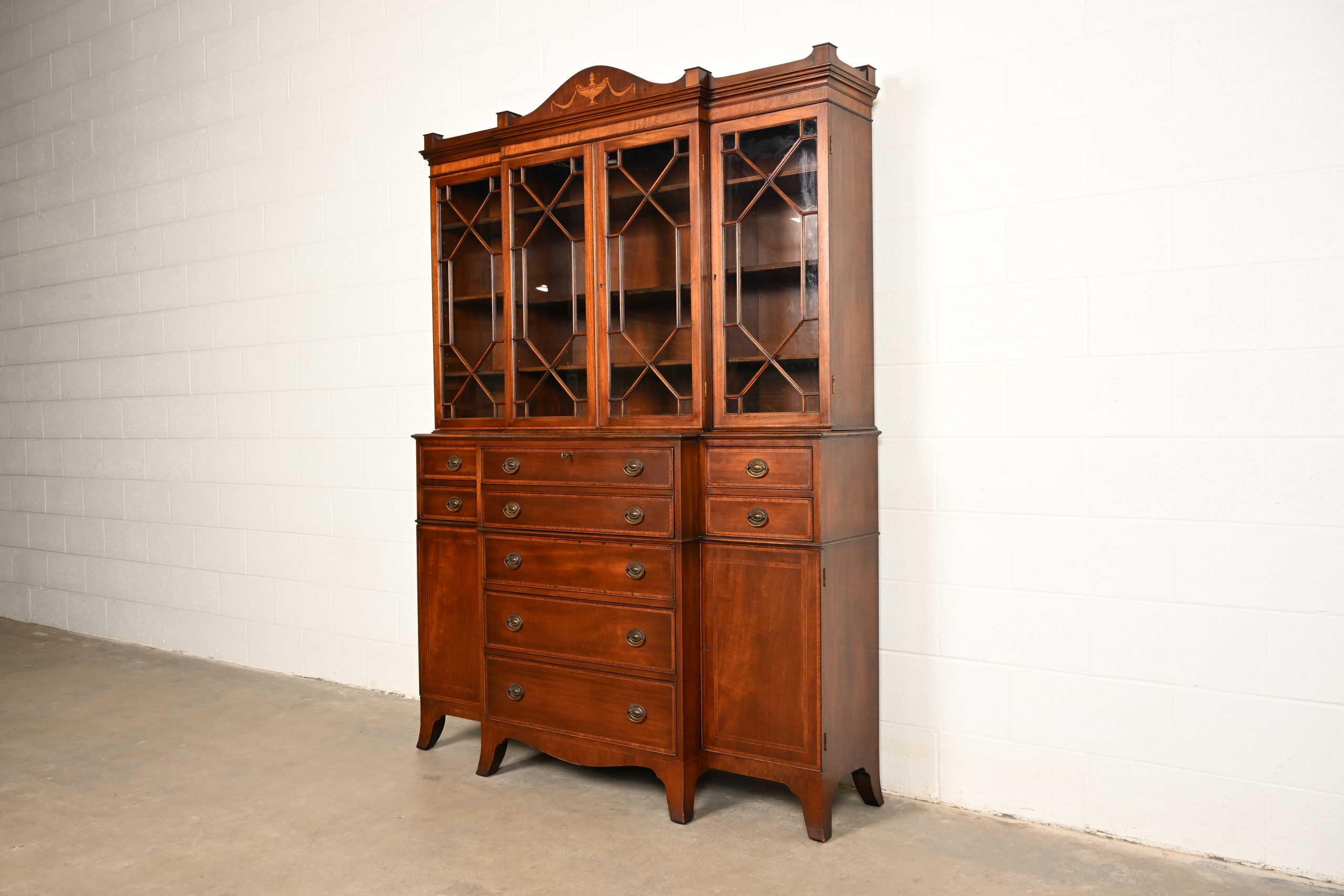 Baker Furniture Style Federal Carved Mahogany Breakfront Bookcase Cabinet With Secretary Desk, Circa 1940s - Image 3