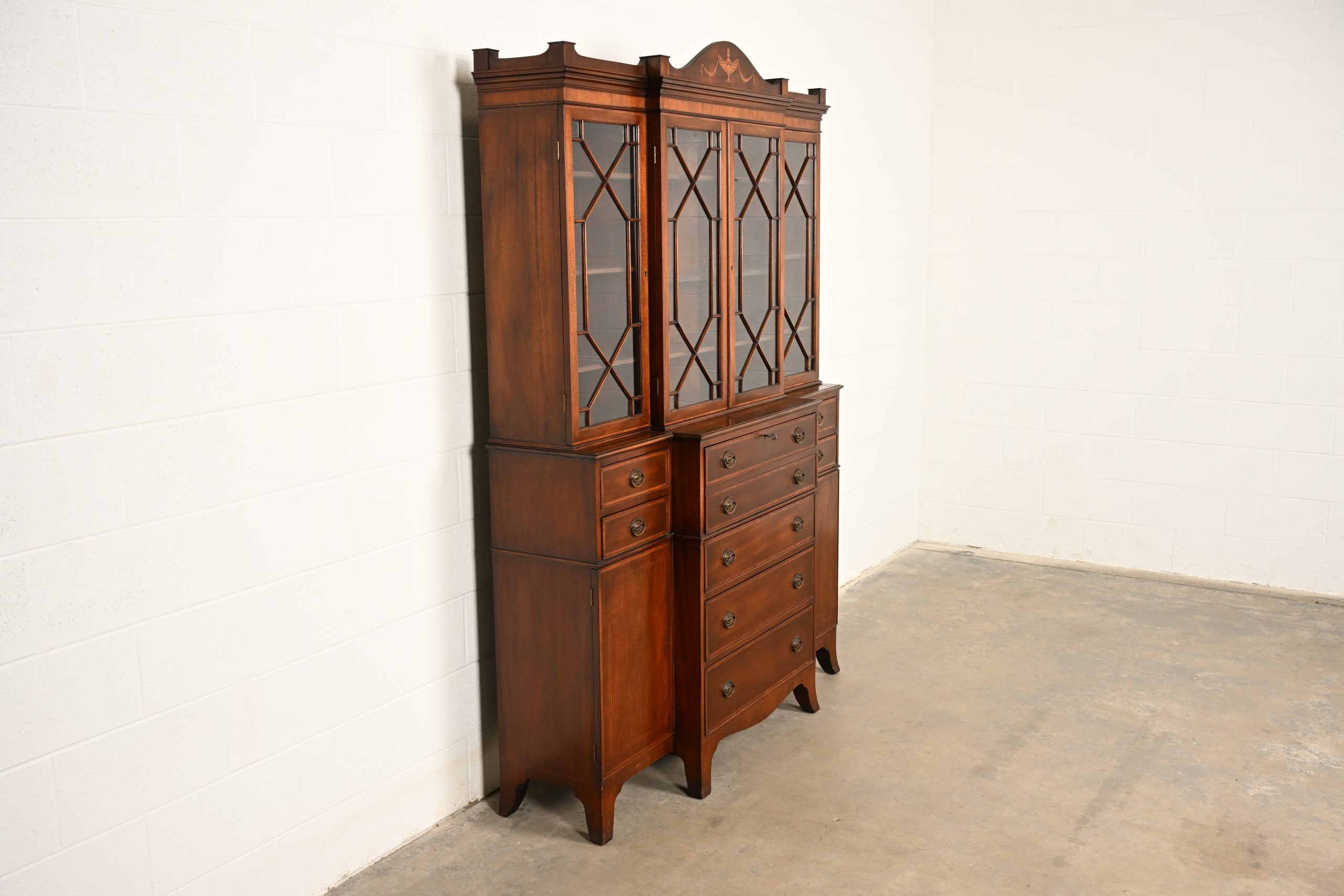 Baker Furniture Style Federal Carved Mahogany Breakfront Bookcase Cabinet With Secretary Desk, Circa 1940s - Image 4
