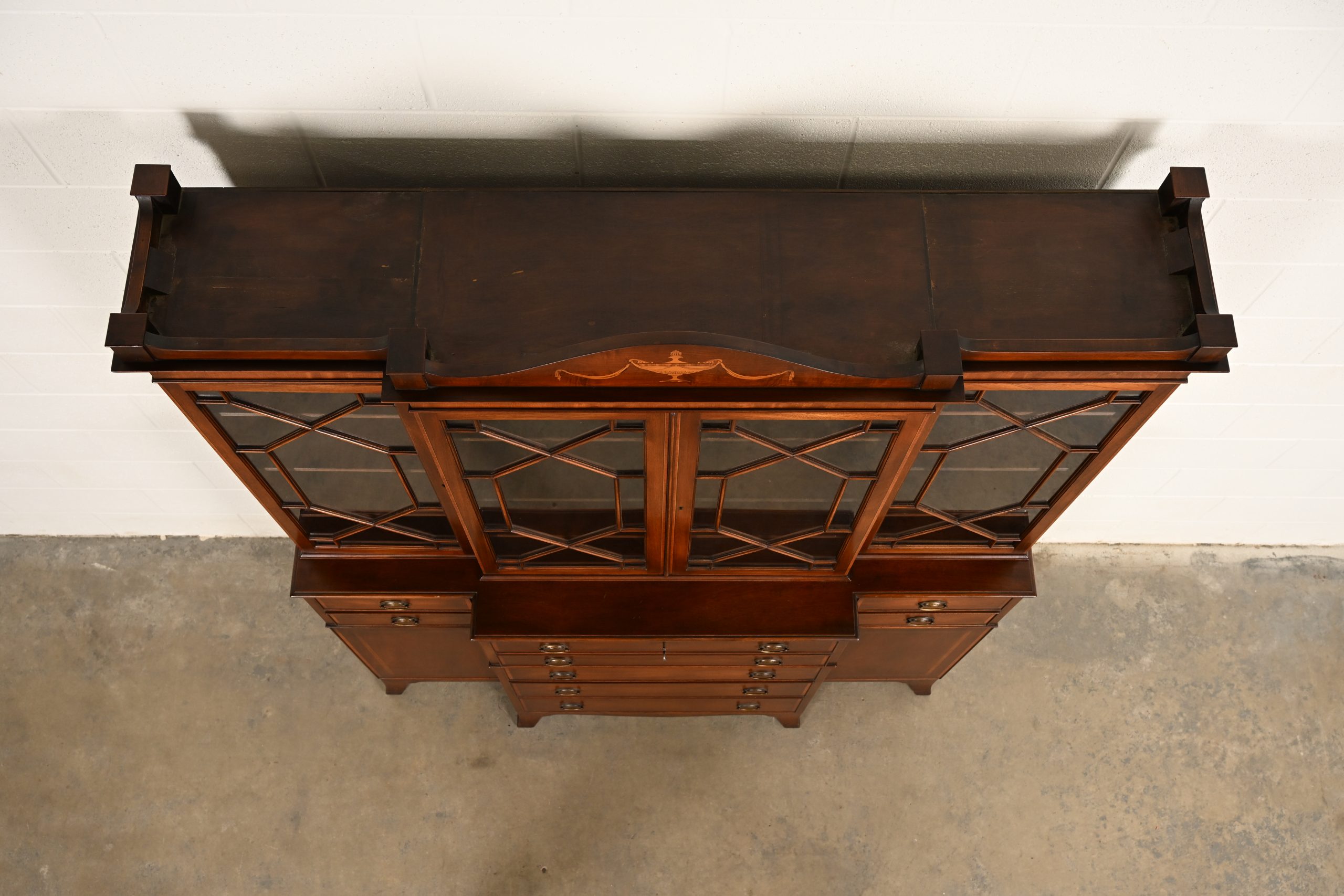 Baker Furniture Style Federal Carved Mahogany Breakfront Bookcase Cabinet With Secretary Desk, Circa 1940s - Image 13