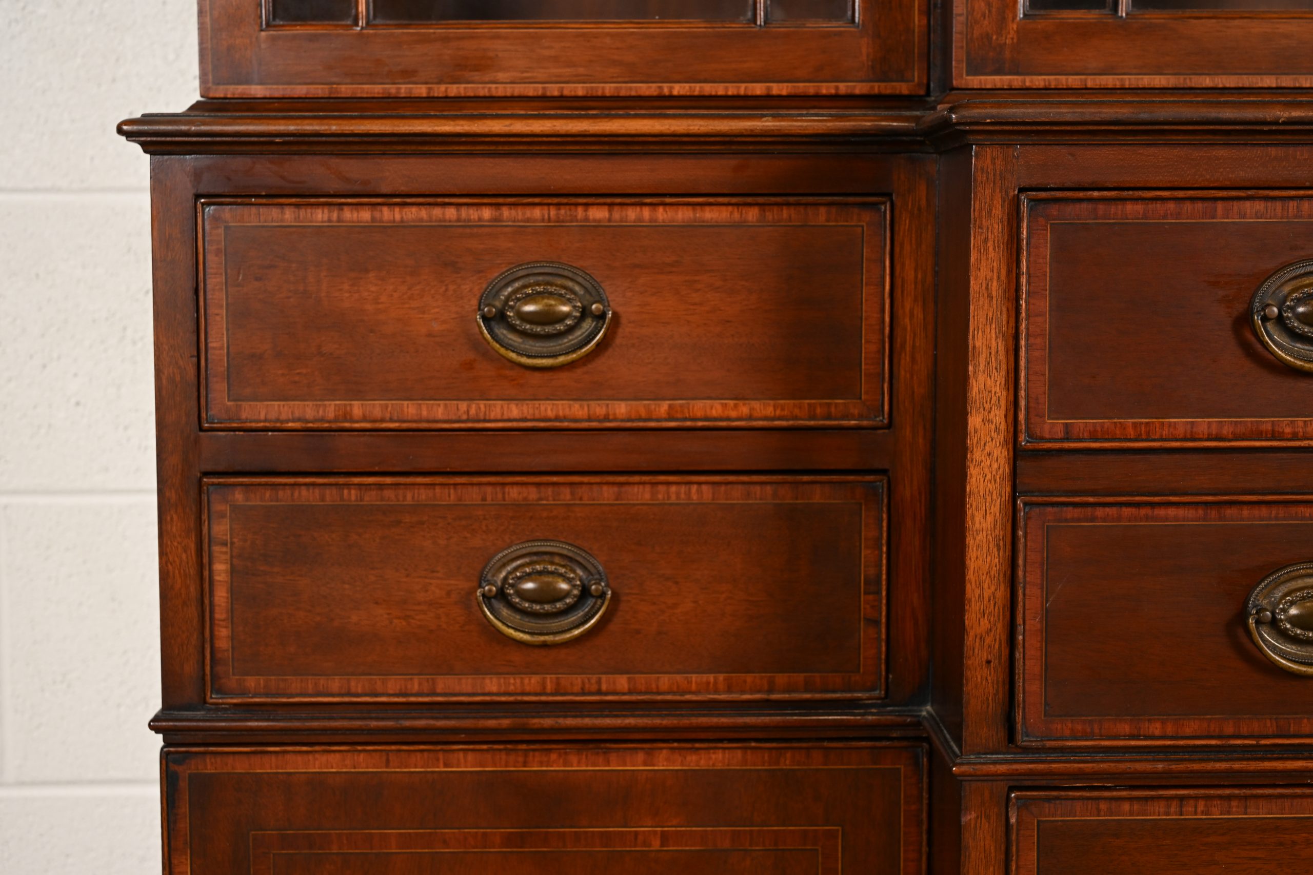 Baker Furniture Style Federal Carved Mahogany Breakfront Bookcase Cabinet With Secretary Desk, Circa 1940s - Image 9