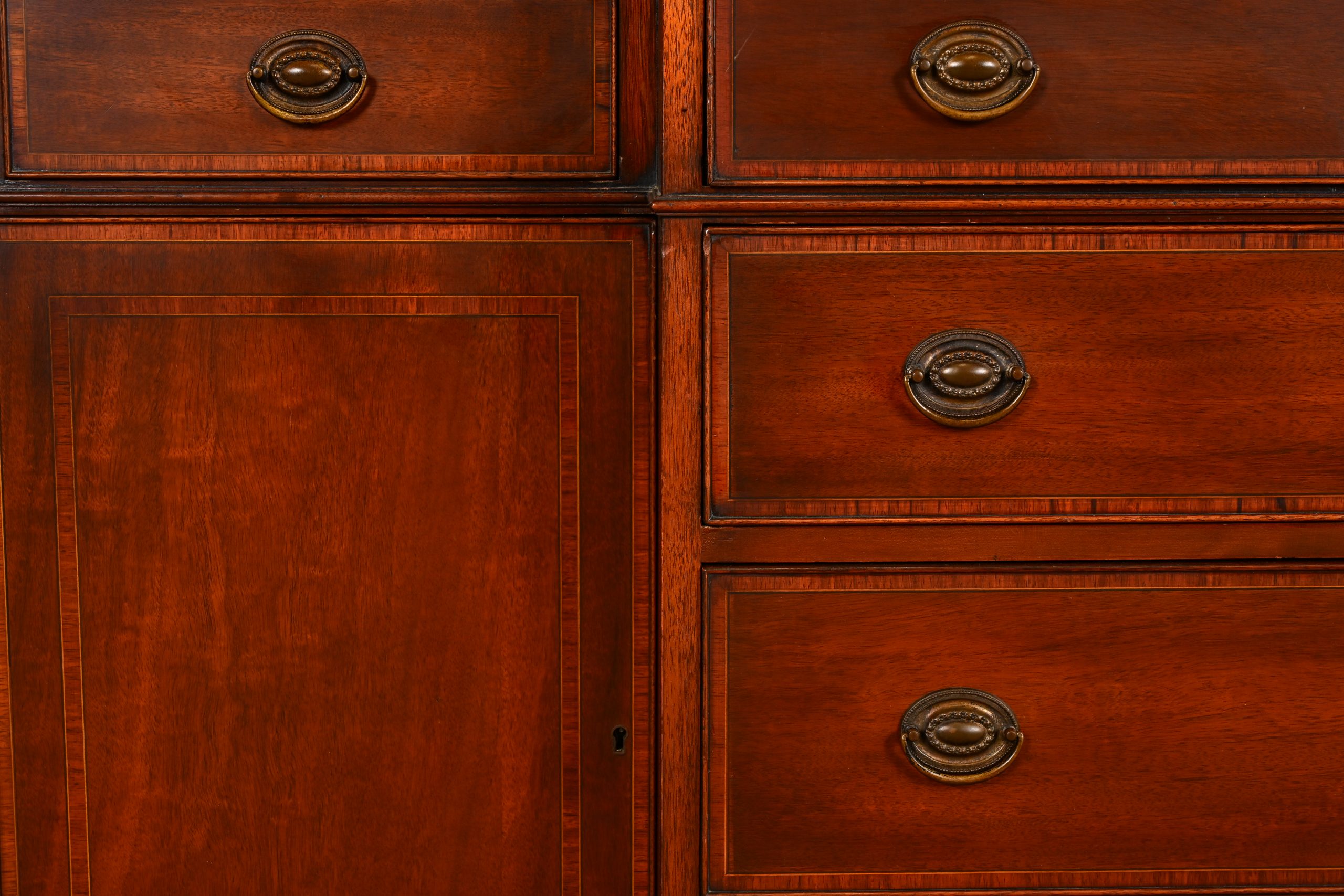 Baker Furniture Style Federal Carved Mahogany Breakfront Bookcase Cabinet With Secretary Desk, Circa 1940s - Image 10