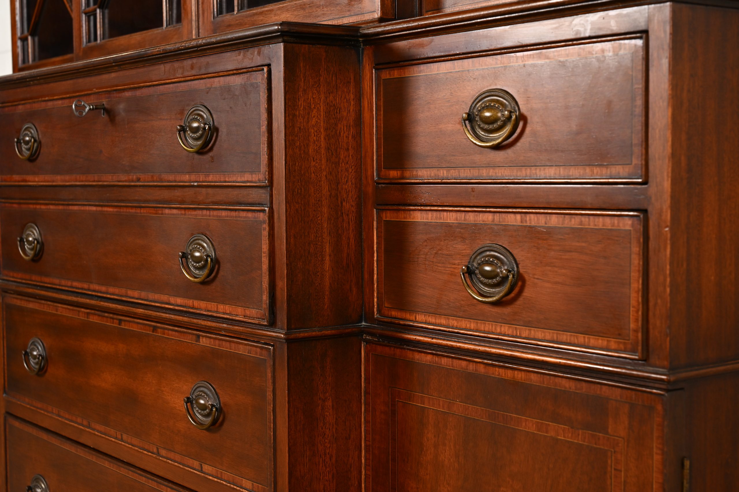 Baker Furniture Style Federal Carved Mahogany Breakfront Bookcase Cabinet With Secretary Desk, Circa 1940s - Image 11