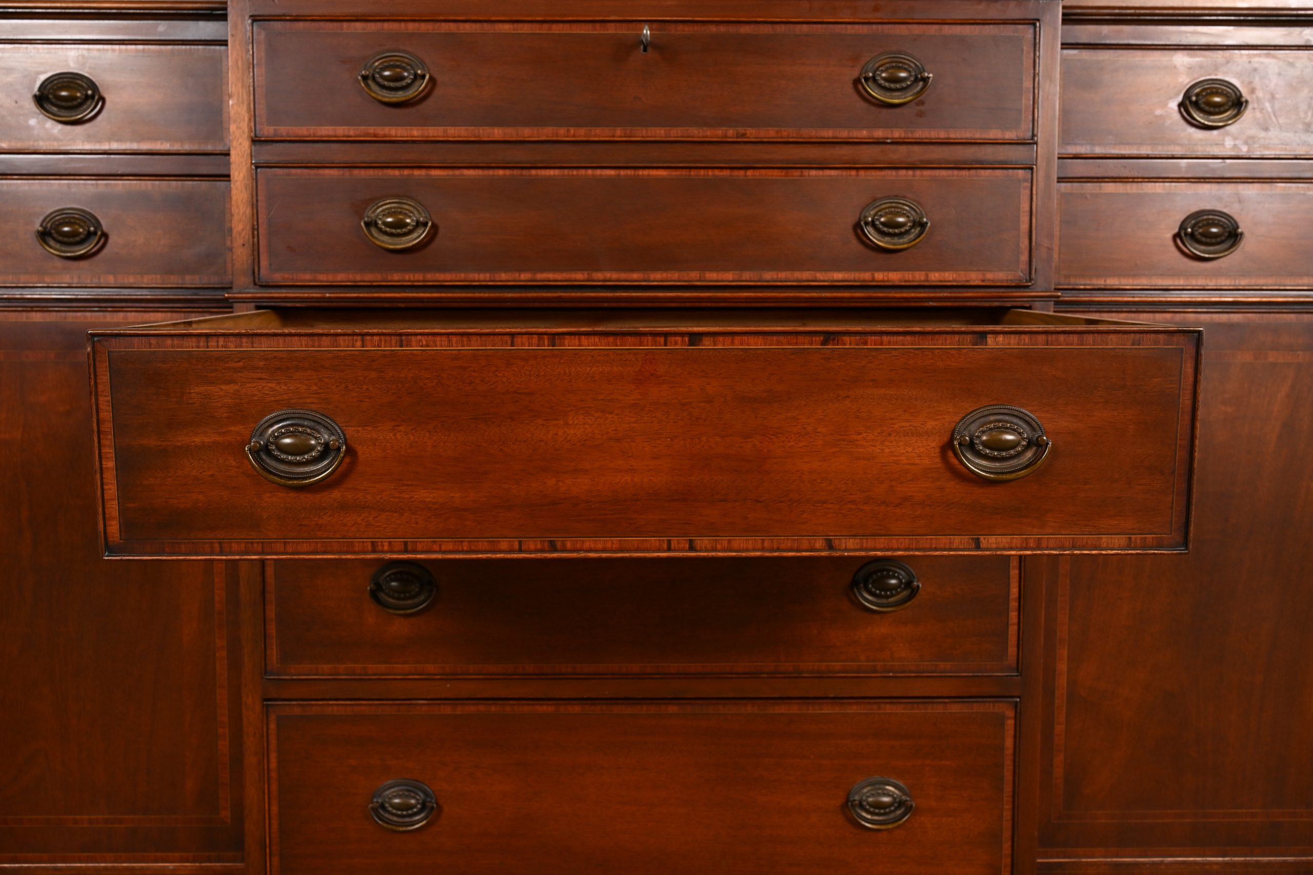Baker Furniture Style Federal Carved Mahogany Breakfront Bookcase Cabinet With Secretary Desk, Circa 1940s - Image 8