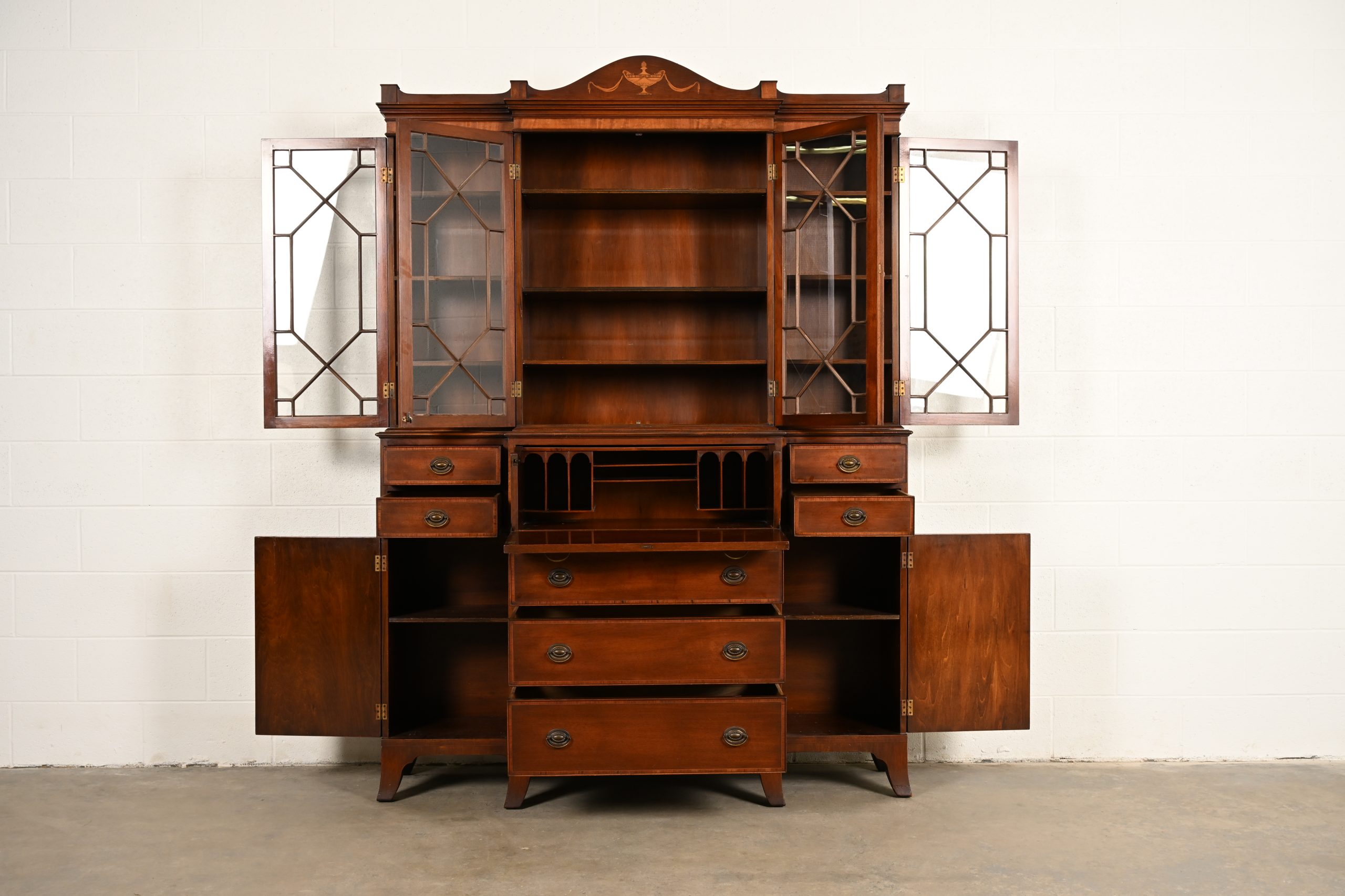 Baker Furniture Style Federal Carved Mahogany Breakfront Bookcase Cabinet With Secretary Desk, Circa 1940s - Image 5