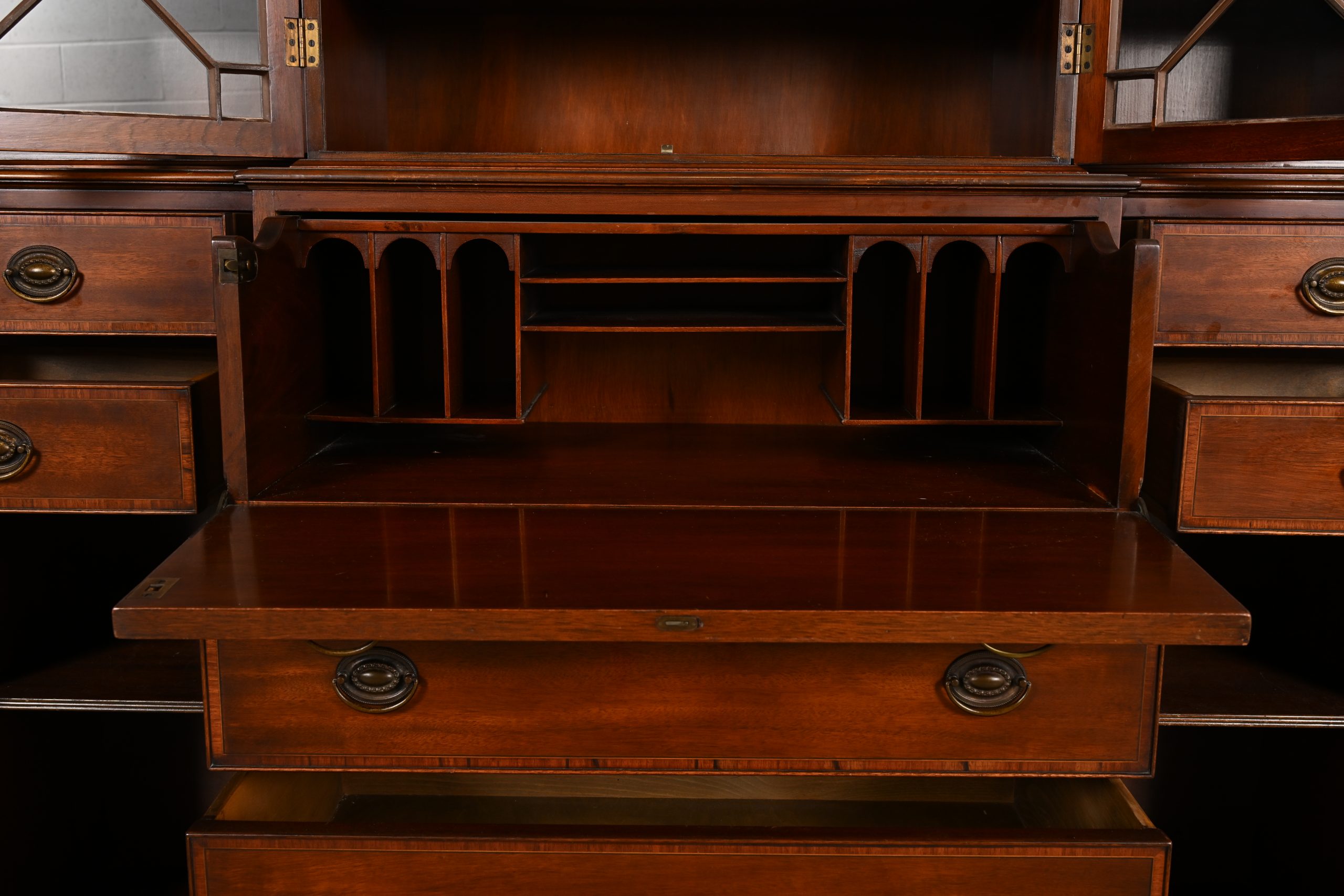 Baker Furniture Style Federal Carved Mahogany Breakfront Bookcase Cabinet With Secretary Desk, Circa 1940s - Image 7