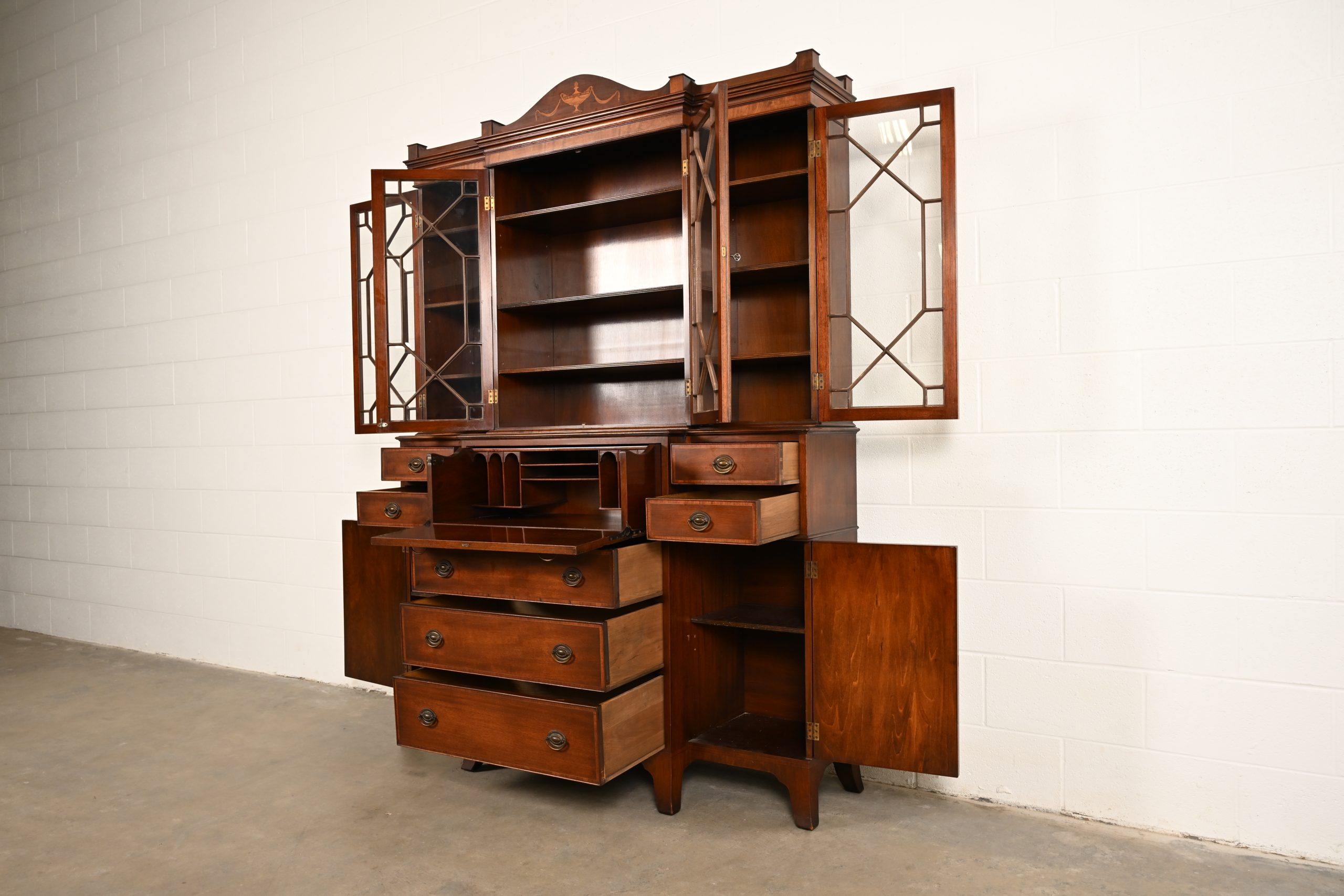 Baker Furniture Style Federal Carved Mahogany Breakfront Bookcase Cabinet With Secretary Desk, Circa 1940s - Image 6