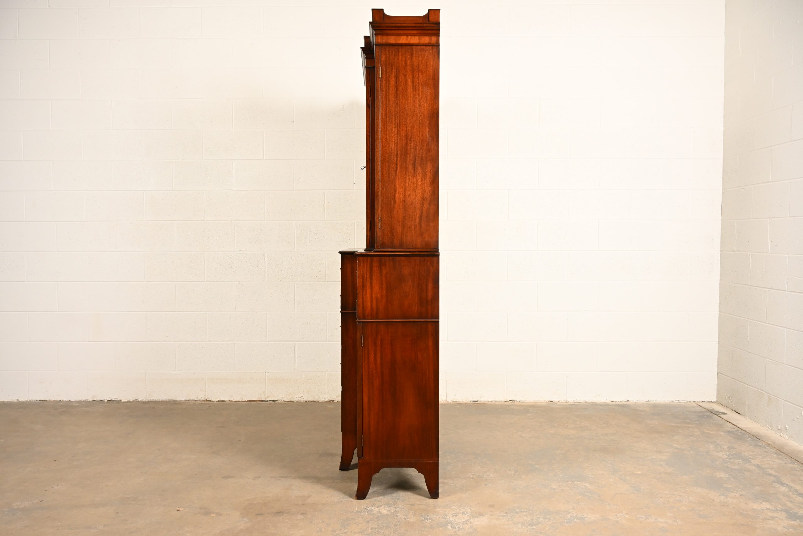 Baker Furniture Style Federal Carved Mahogany Breakfront Bookcase Cabinet With Secretary Desk, Circa 1940s - Image 14