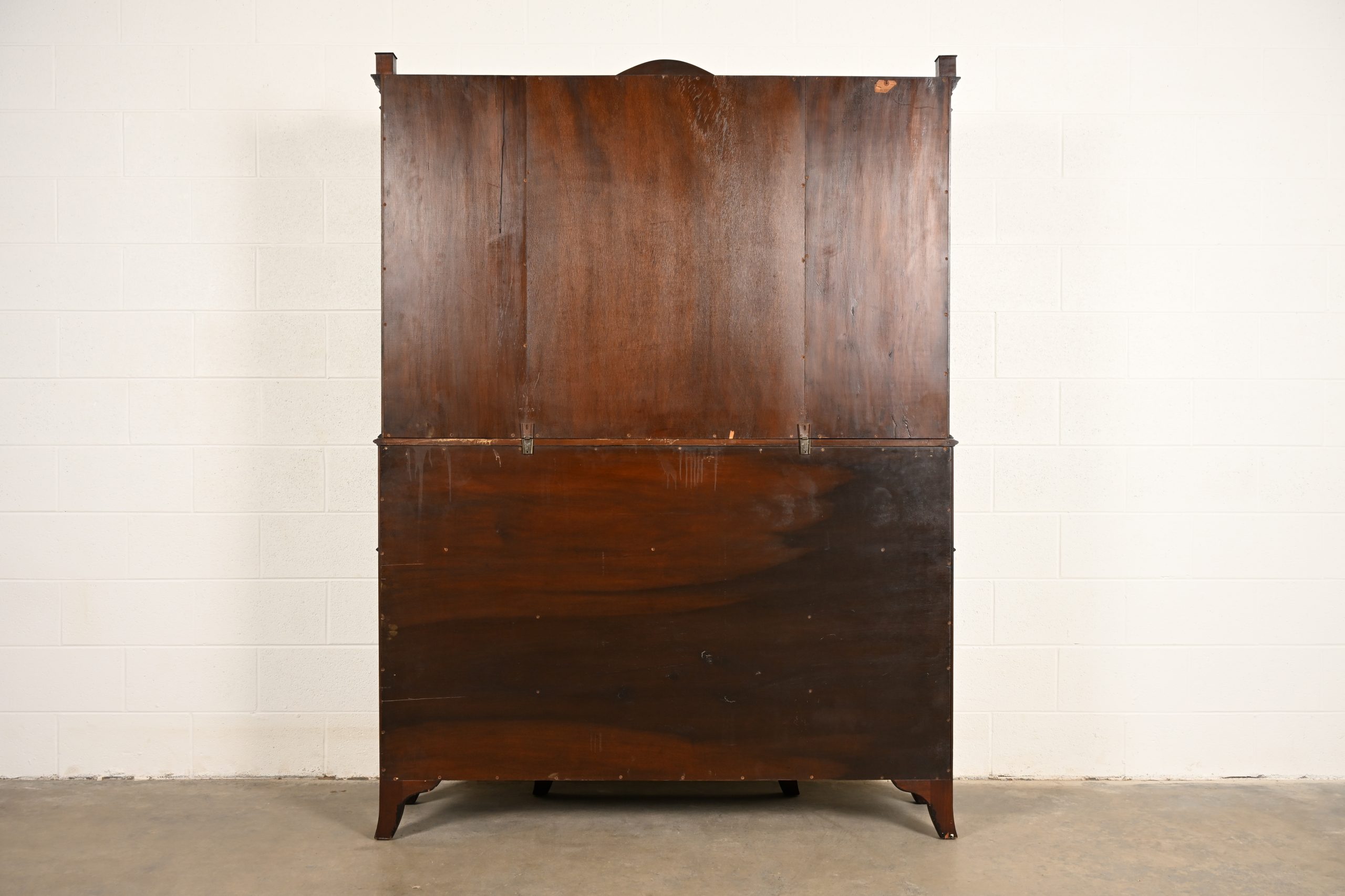 Baker Furniture Style Federal Carved Mahogany Breakfront Bookcase Cabinet With Secretary Desk, Circa 1940s - Image 15