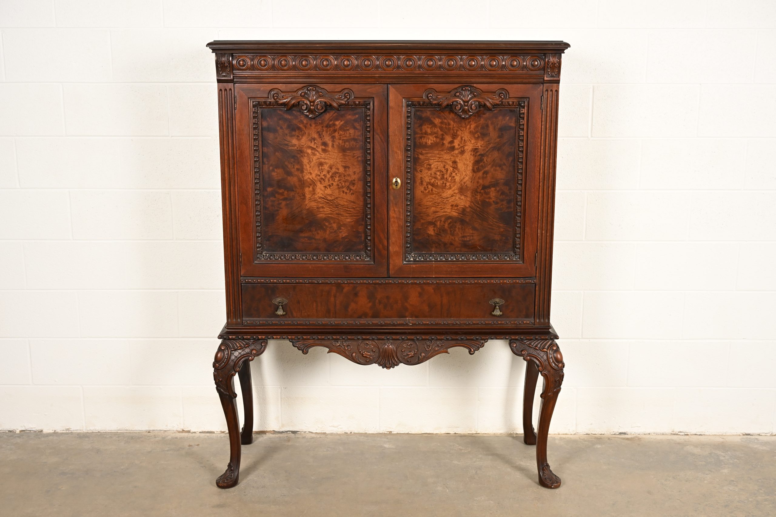 Berkey & Gay Style Antique Chippendale Carved Walnut and Burl Wood Bookcase or Bar Cabinet, Circa 1920s - Image 2