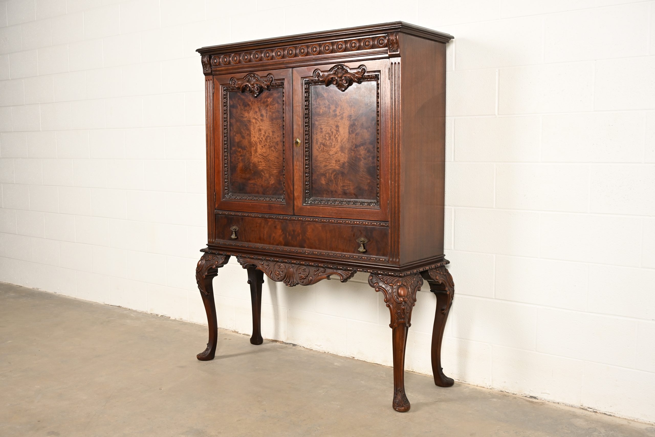 Berkey & Gay Style Antique Chippendale Carved Walnut and Burl Wood Bookcase or Bar Cabinet, Circa 1920s - Image 3