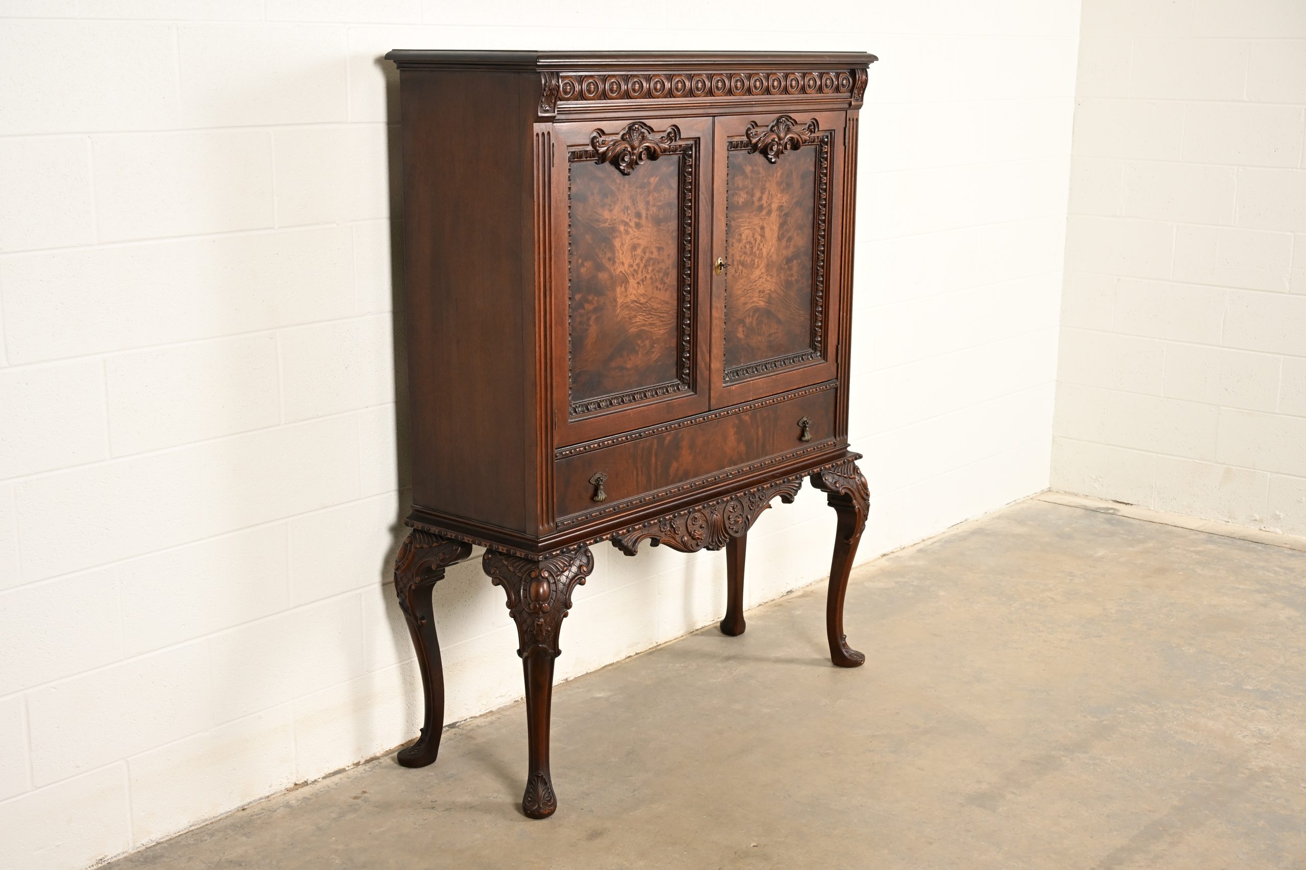Berkey & Gay Style Antique Chippendale Carved Walnut and Burl Wood Bookcase or Bar Cabinet, Circa 1920s - Image 4