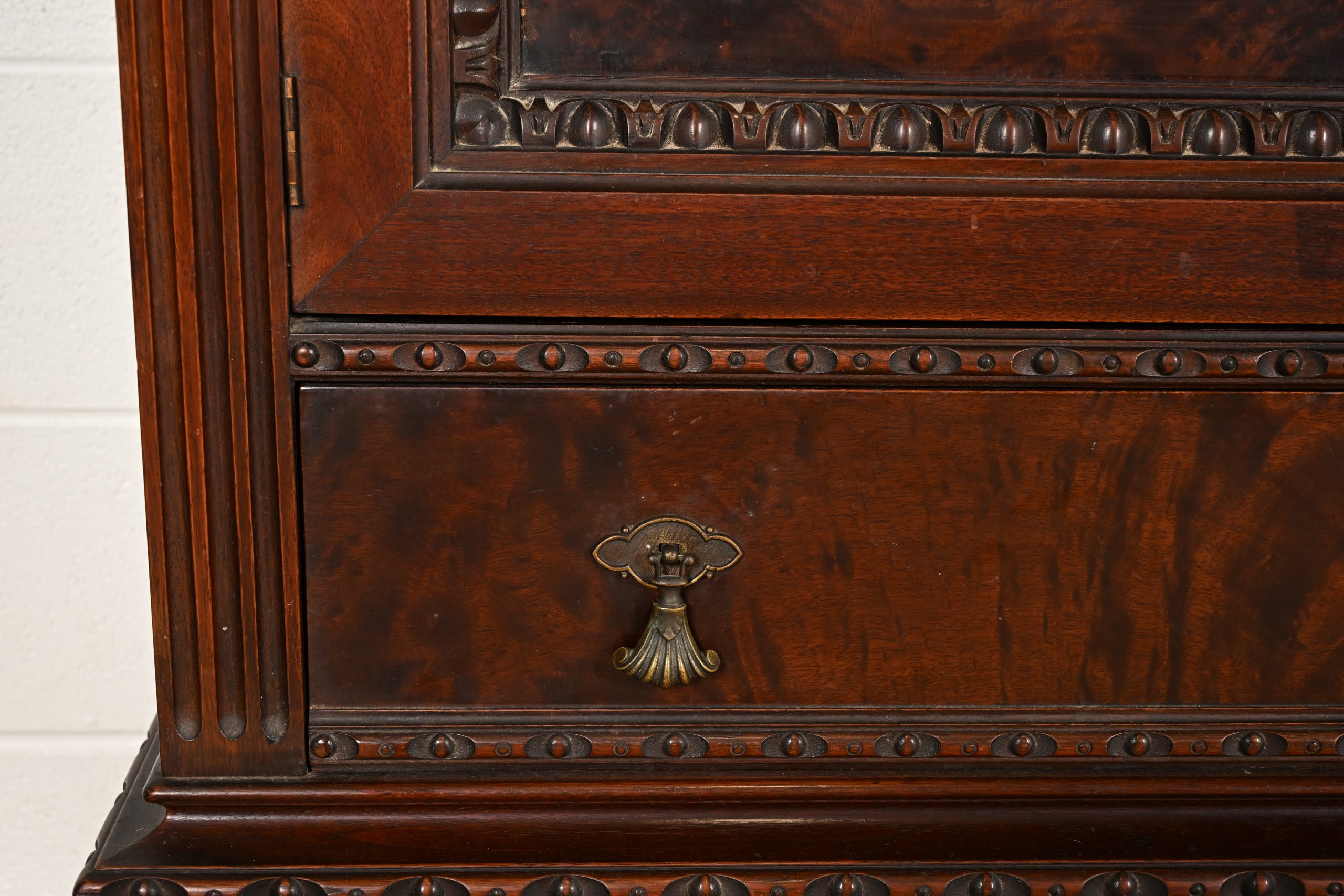 Berkey & Gay Style Antique Chippendale Carved Walnut and Burl Wood Bookcase or Bar Cabinet, Circa 1920s - Image 13