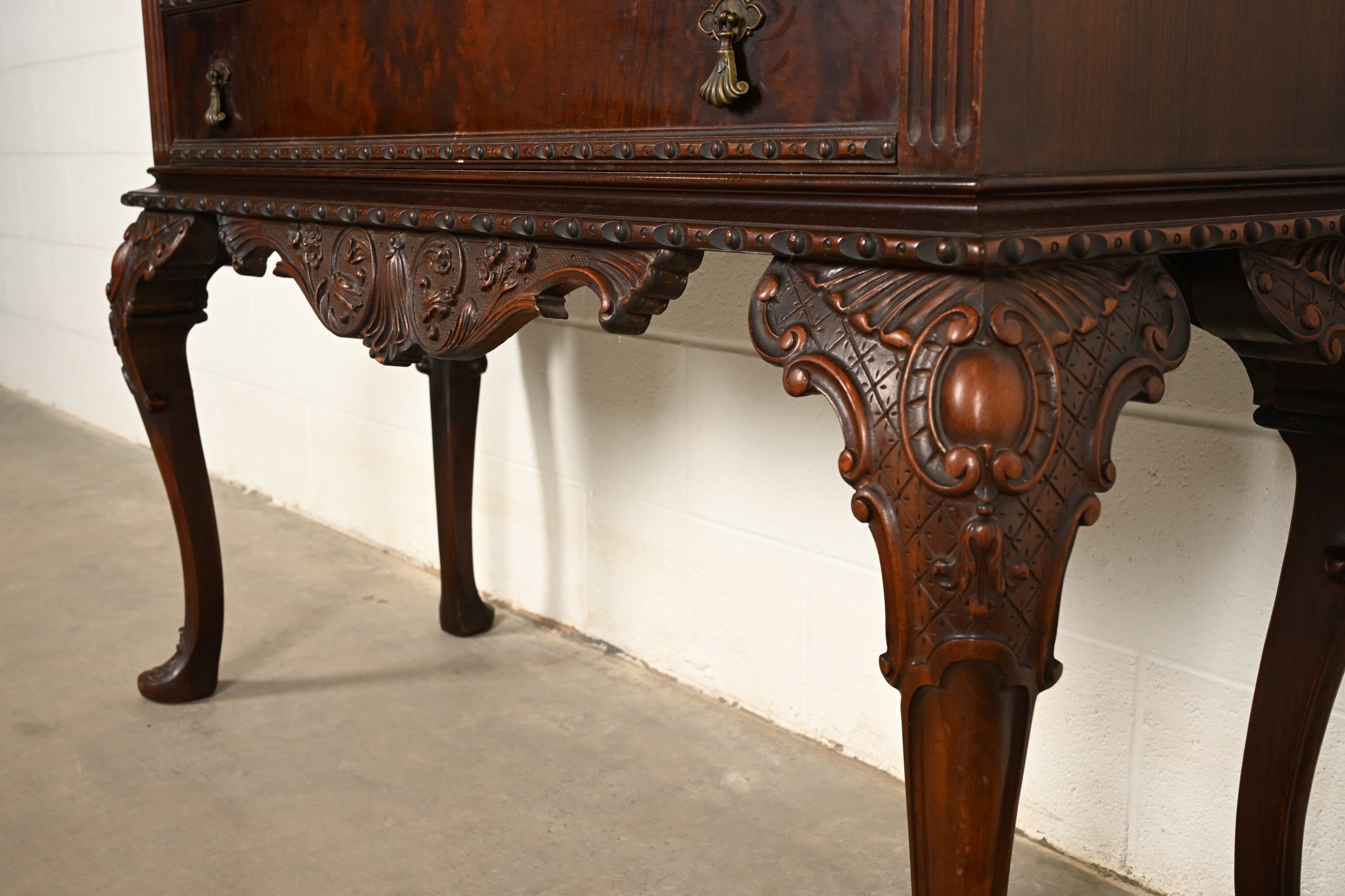 Berkey & Gay Style Antique Chippendale Carved Walnut and Burl Wood Bookcase or Bar Cabinet, Circa 1920s - Image 12
