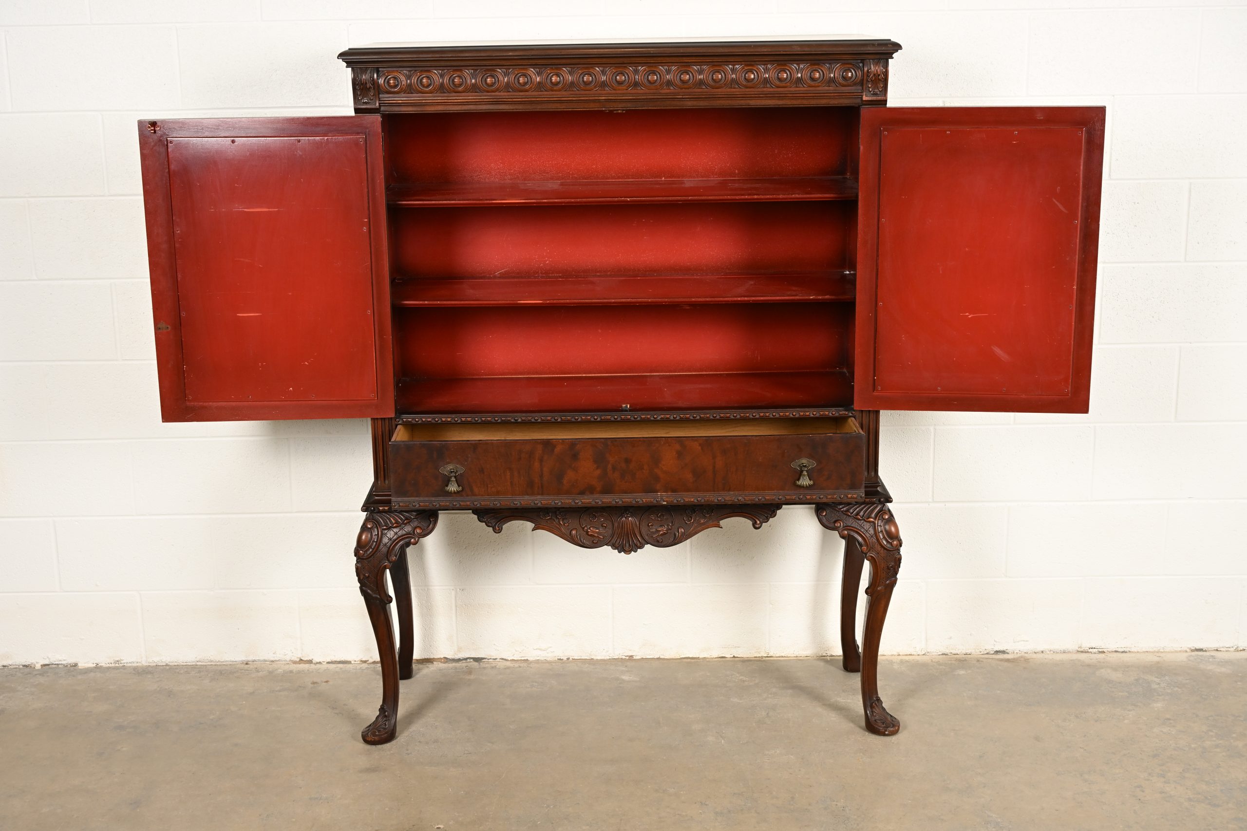 Berkey & Gay Style Antique Chippendale Carved Walnut and Burl Wood Bookcase or Bar Cabinet, Circa 1920s - Image 5