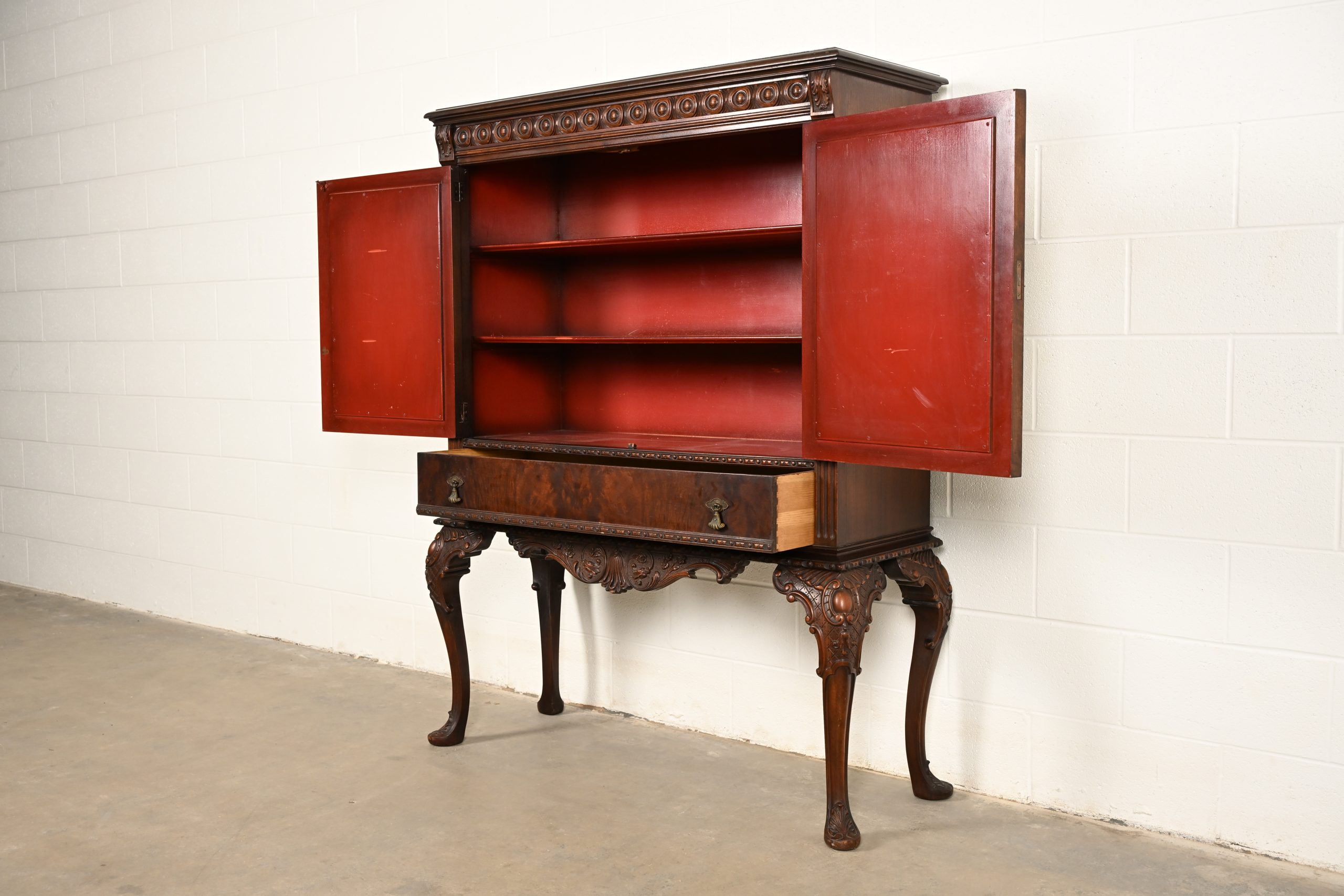 Berkey & Gay Style Antique Chippendale Carved Walnut and Burl Wood Bookcase or Bar Cabinet, Circa 1920s - Image 6