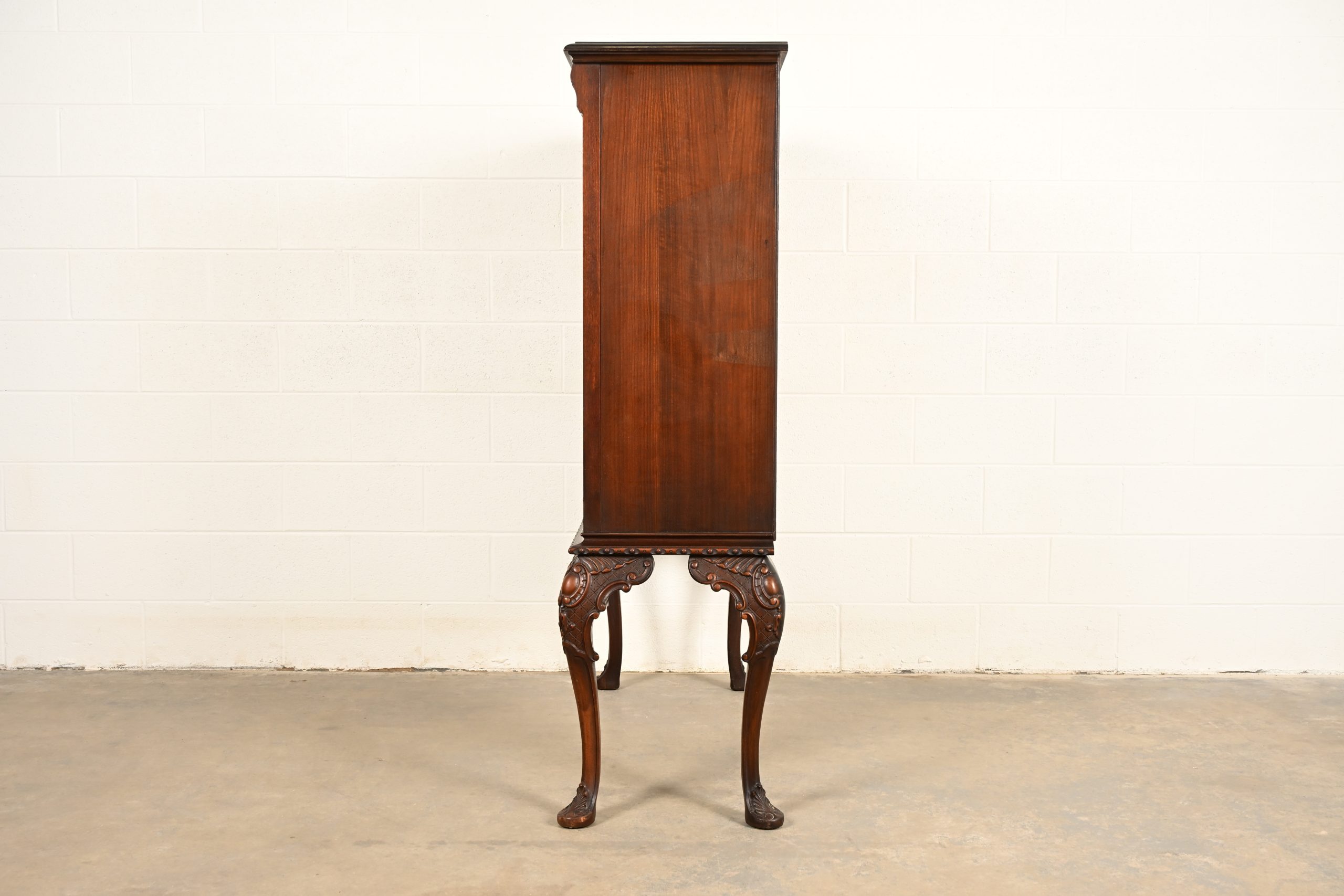 Berkey & Gay Style Antique Chippendale Carved Walnut and Burl Wood Bookcase or Bar Cabinet, Circa 1920s - Image 16