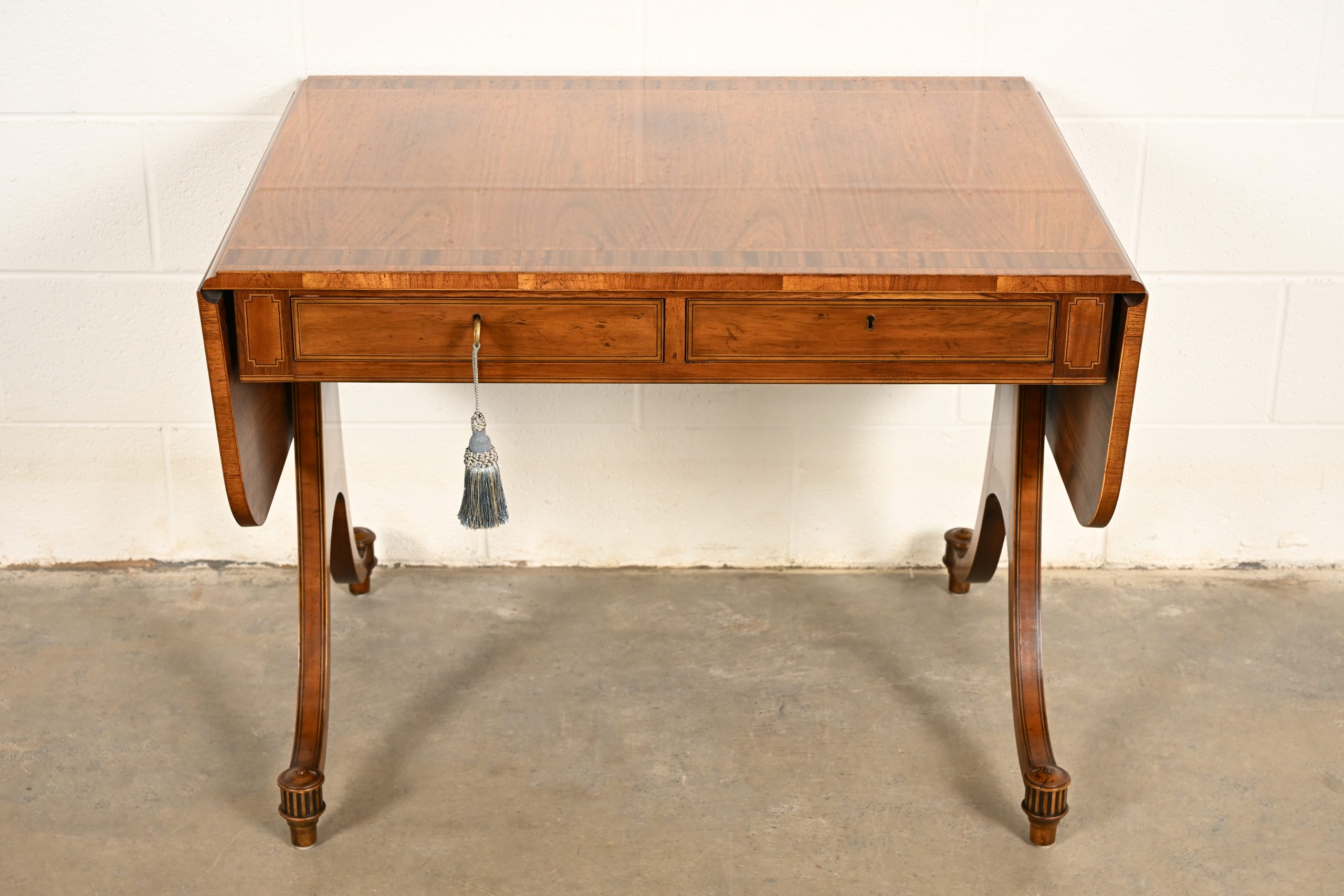 Baker Furniture Regency Inlaid Yew Wood Writing Desk or Console Table, Circa 1980s - Image 2