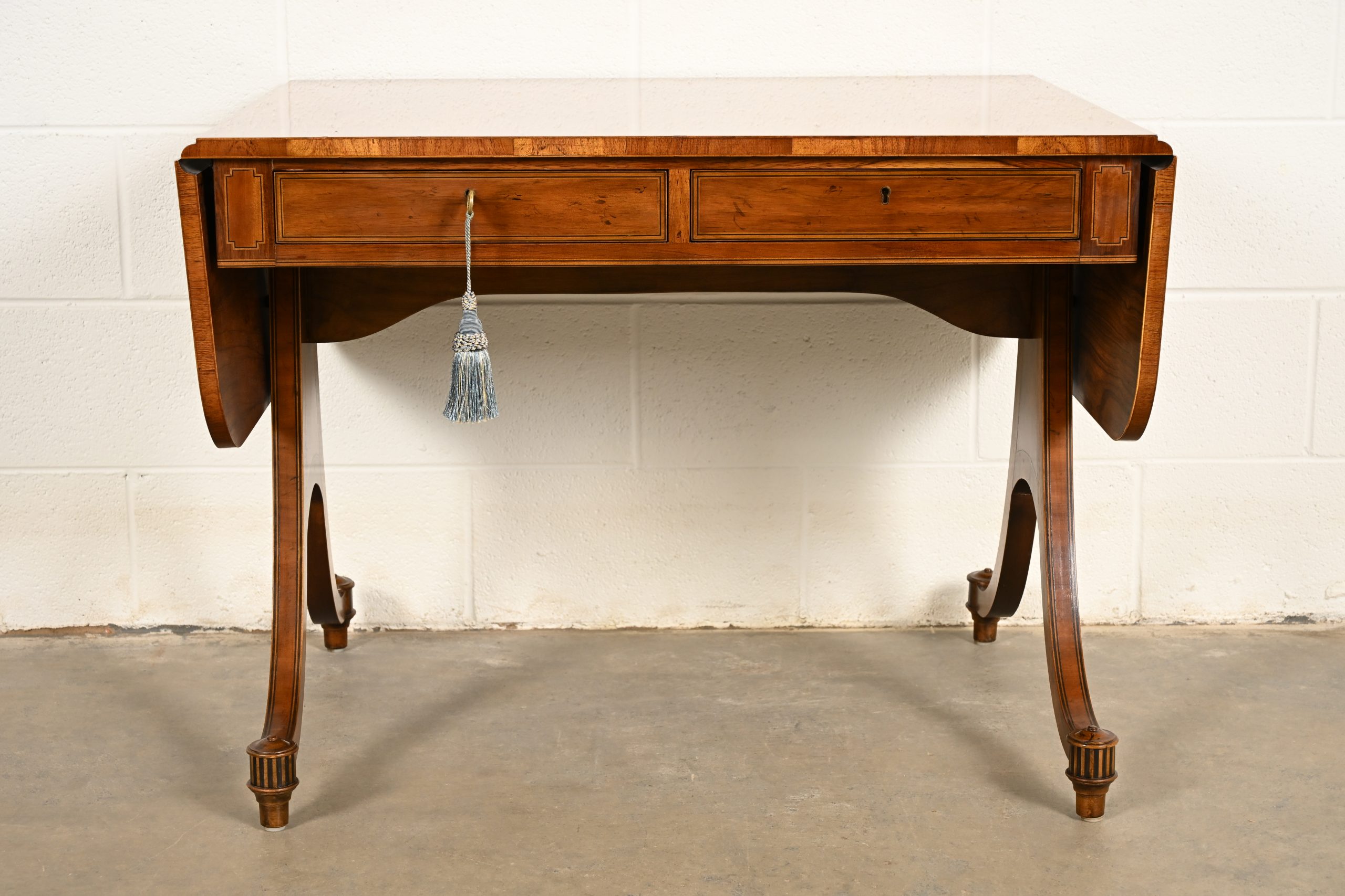 Baker Furniture Regency Inlaid Yew Wood Writing Desk or Console Table, Circa 1980s - Image 3